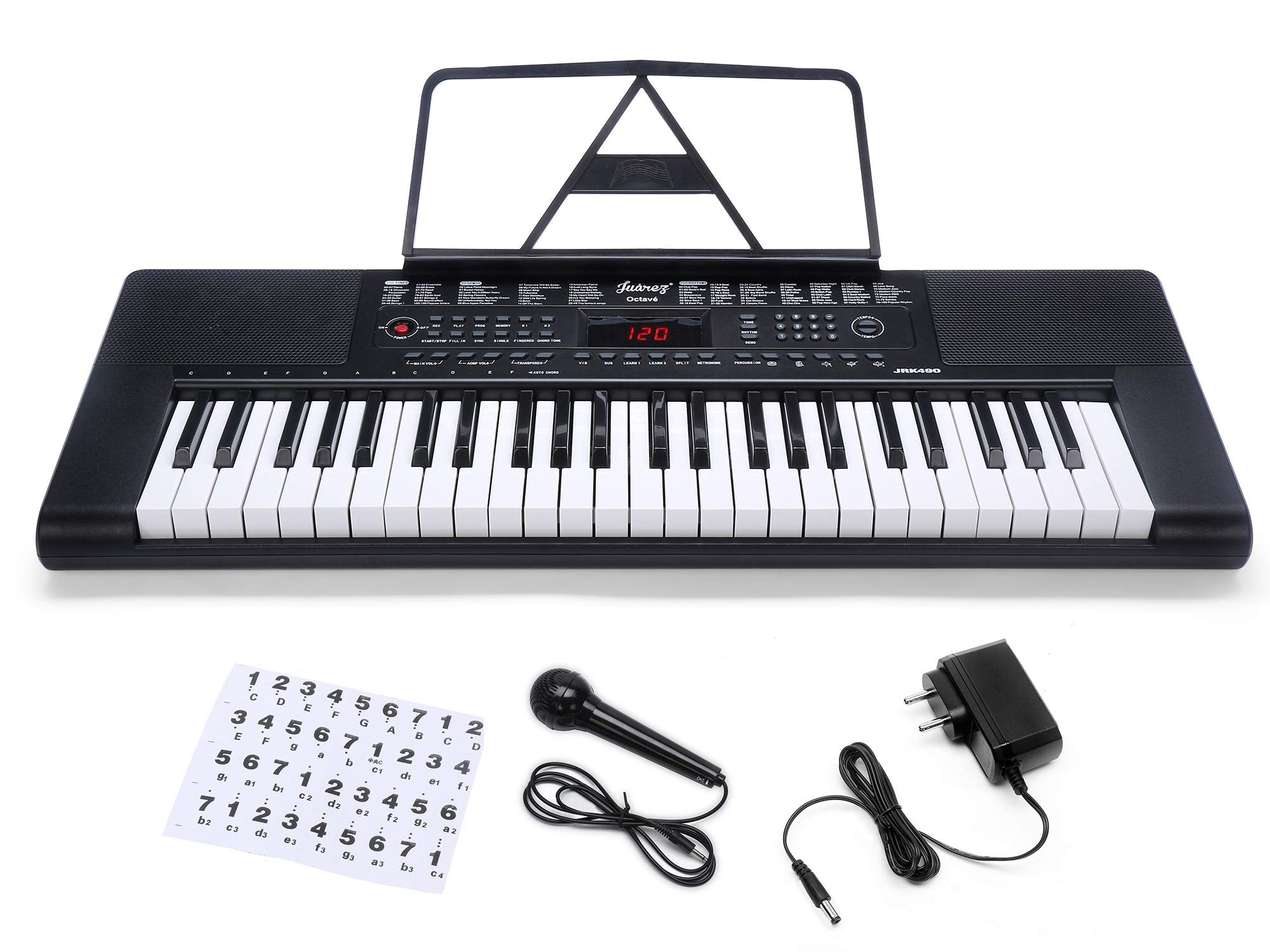 Juarez Octav Jrk490 49-Key Portable Electronic Teaching Keyboard Piano With Led Display|Adapter | Key Note Stickers|Mic|Music Sh
