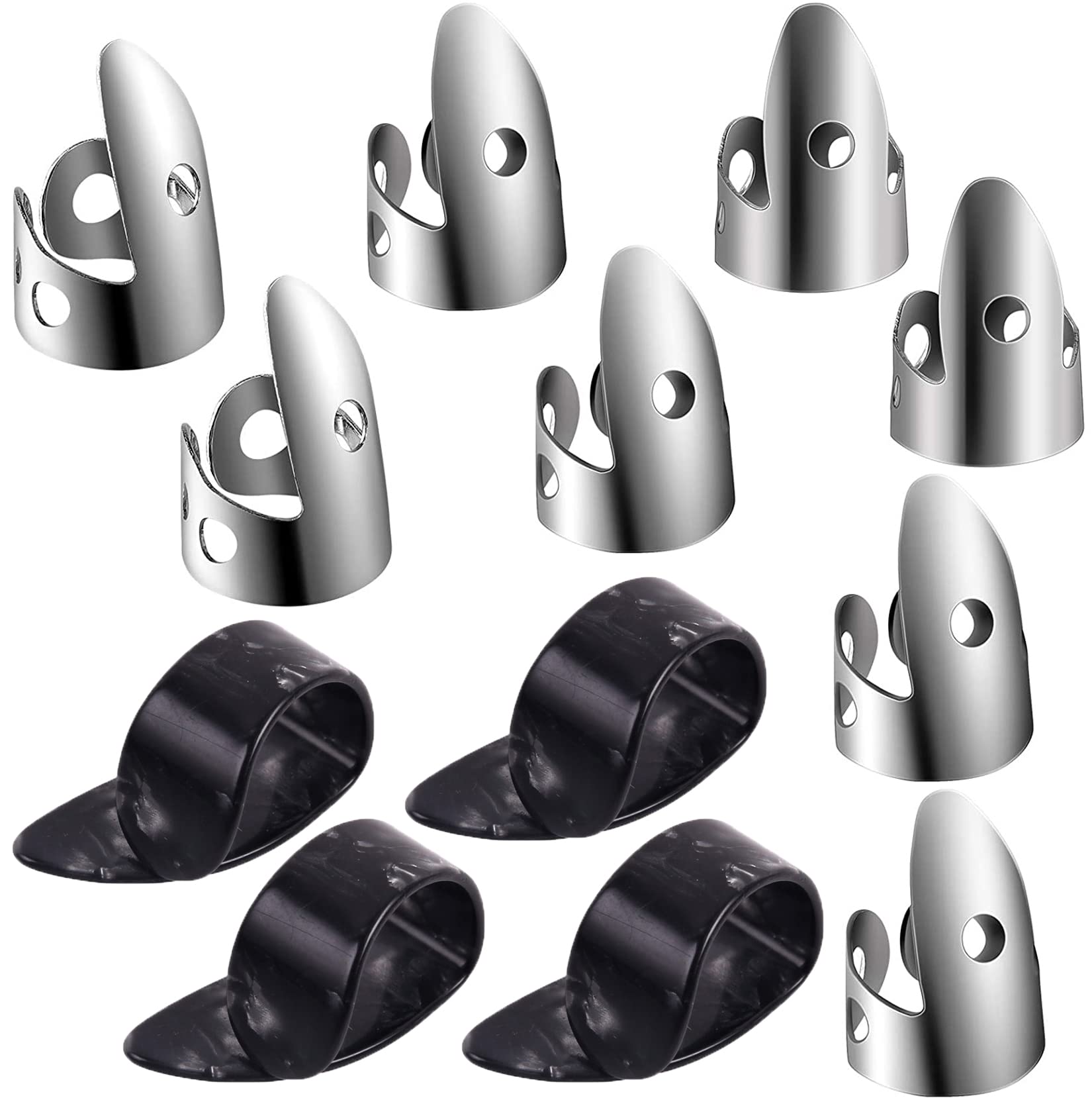 12Pcs Adjustable Finger Thumb Picks Set Includes 8Pcs Silver Stainless Steel Finger Picks And 4Pcs Plastic Thumb Picks For Guita