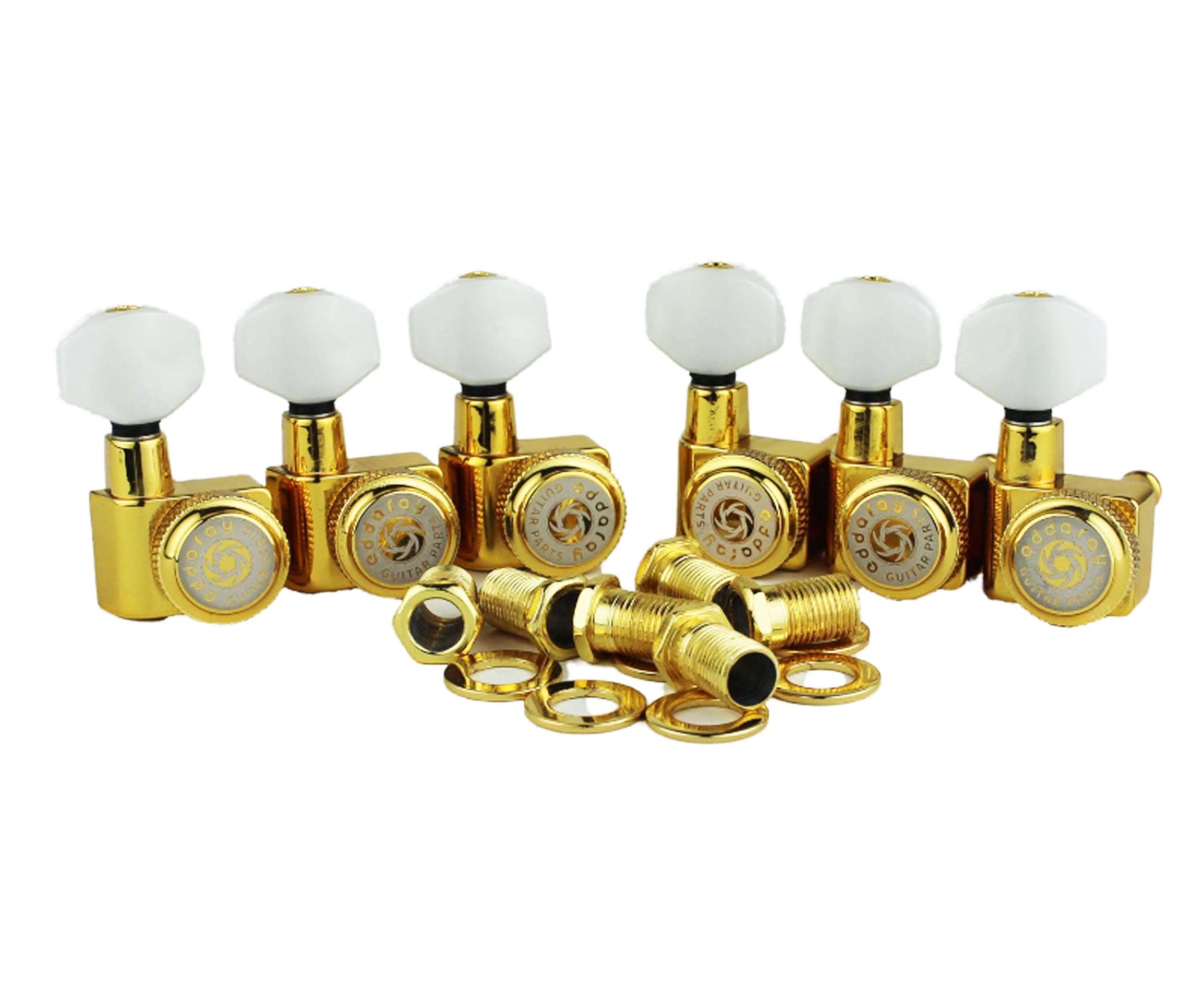 Eddaray 6 In-line Guitar Locking Tuners, 1:18 Gear Ratio Lock String Tuning Key Pegs Machine Heads Replacement, Gold, Pearl Butt