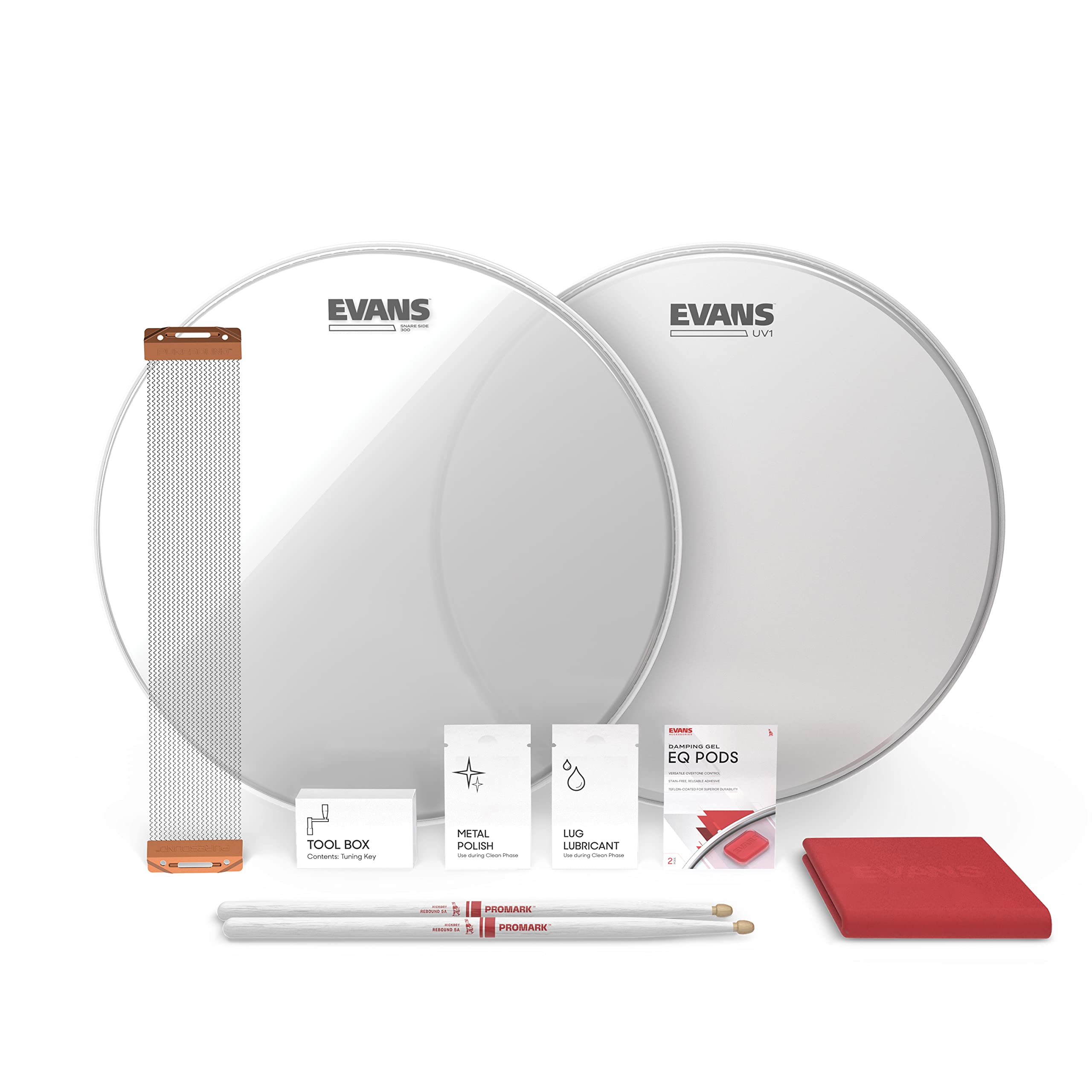 Evans UV1 Snare Drum Tune Up Kit - Contains UV Drum Head, Resonant Snare Head, ProMark 5a Drumsticks, Snare Wire, Drum Key, EQ P
