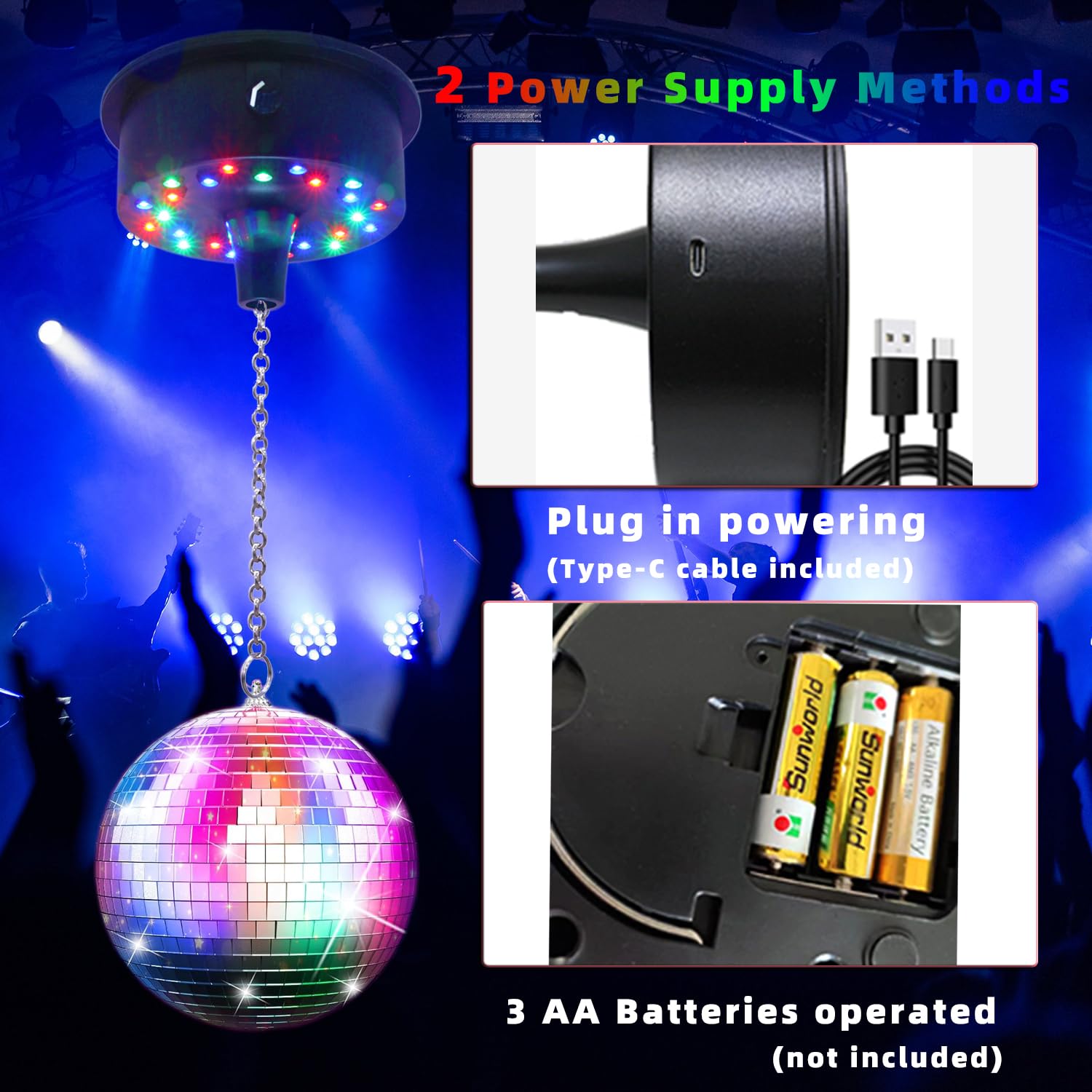 Disco Ball Rotating Motor with Chain 5RPM-10RPM Adjustable Speed,Plug/Battery Powered Mirror Ball Motor with 24 LED Beads for Di