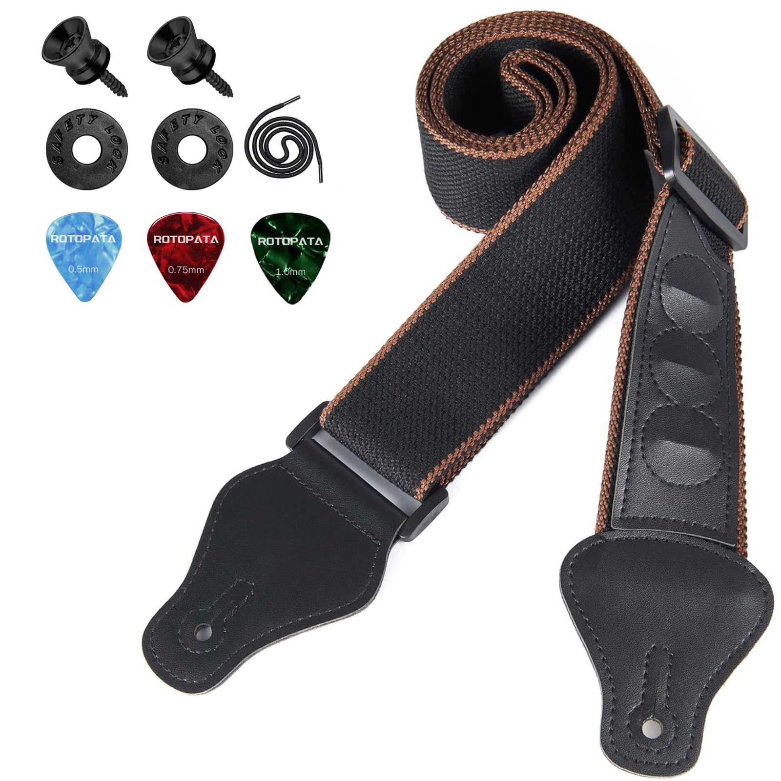 Rotopata Guitar Strap, Electric Guitar Strap With Pick Holders, Pu Leather Ends Acoustic Guitar Strap With 2 Buttons 2 Locks 3 G