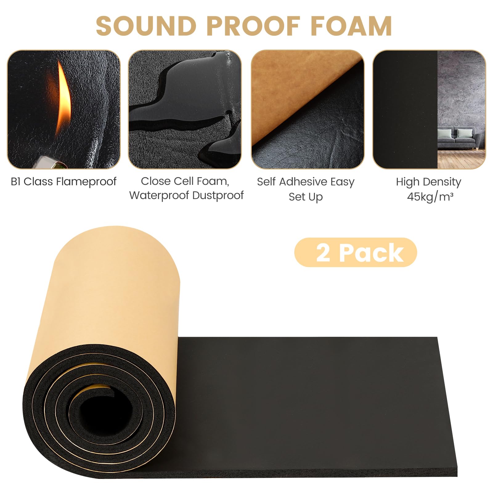 Kaqiluo 2 Pack High Density Self-Adhesive Sound Insulation Acoustic Closed Cell Foam, 0.4'' x 12'' x 71'', 10 mm Thick,11.6 sqft