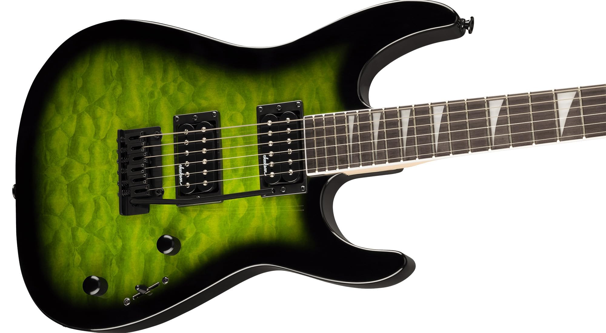 Jackson JS Series Dinky JS20 DKQ 2PT Transparent Green Burst Bundle with Cable, Tuner, Strap, Picks, and Austin Bazaar Guitar DV