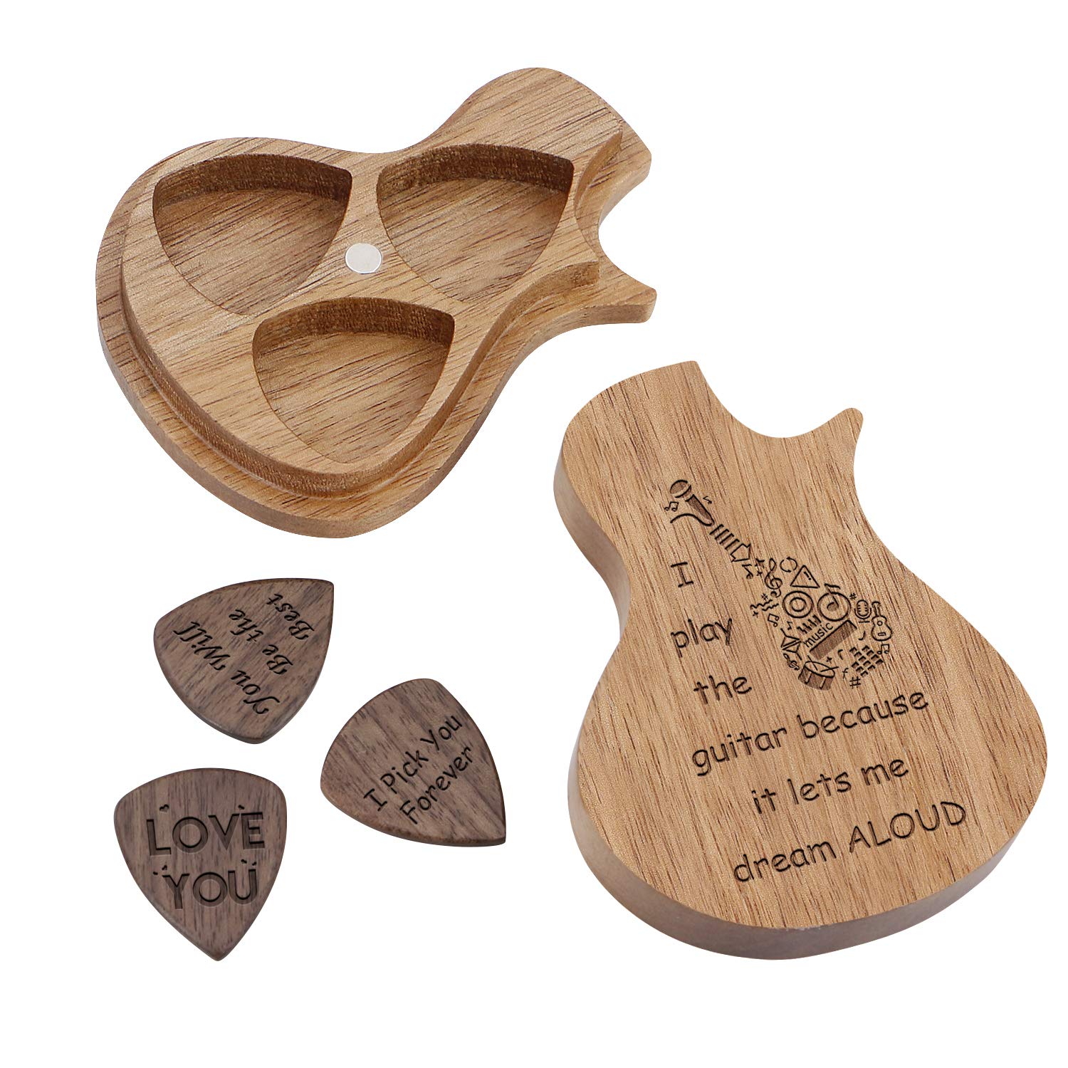 Engraved Guitar Pick Box, Guitar Shaped Guitar Pick Box, Personalized Wood Guitar Picks Box, Plectrum Container with 3 Pcs Guita