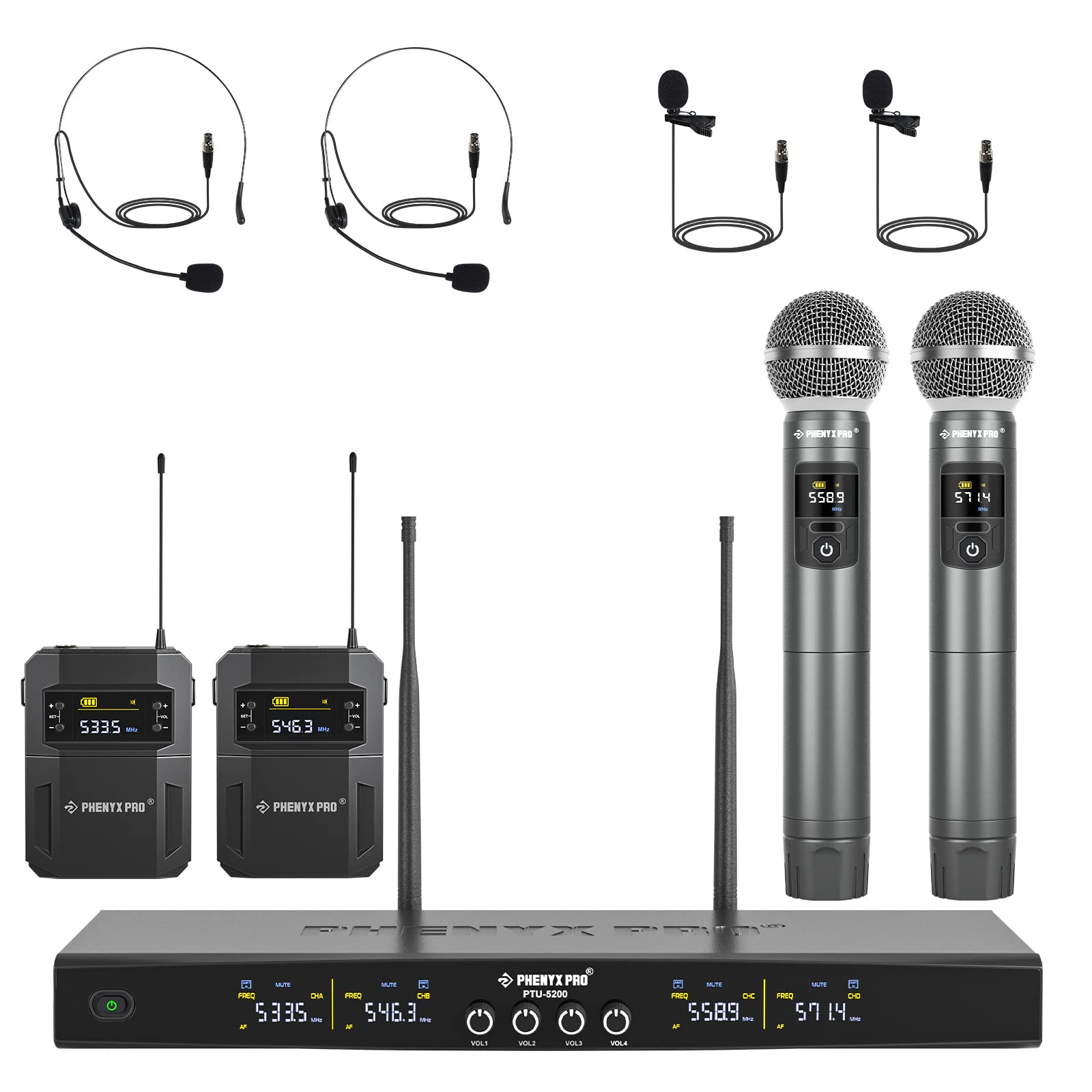 Phenyx Pro Wireless Microphone System, 4-Channel Wireless Mic Set With Handheld/Bodypack/Headset/Lapel Mics, Cordless Mic For Si