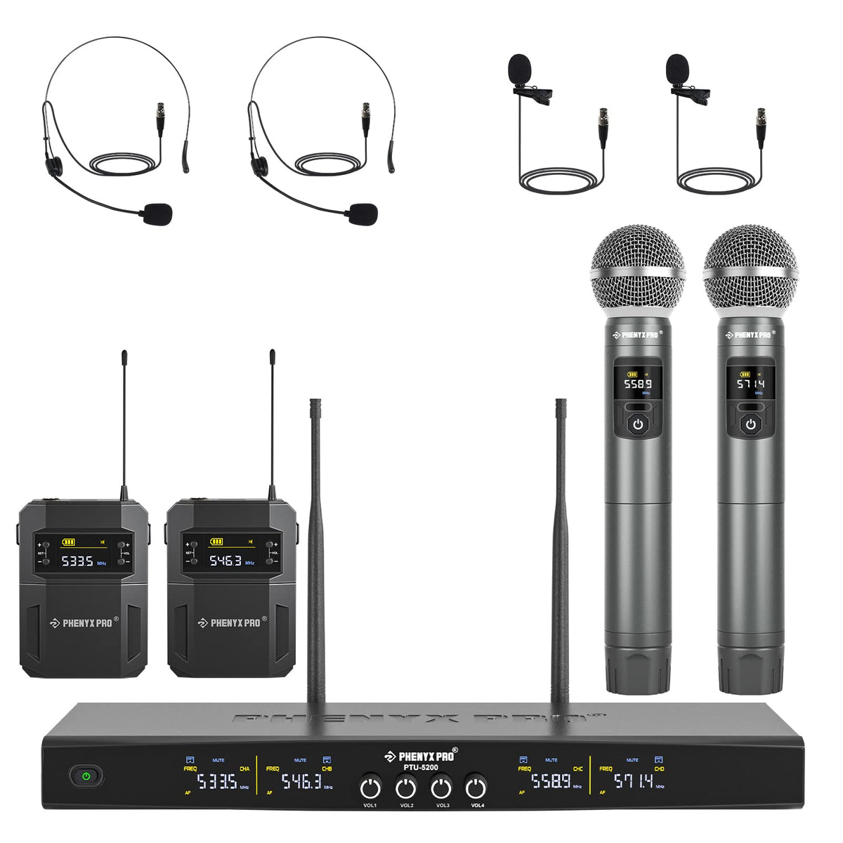 Phenyx Pro Wireless Microphone System, 4-Channel Wireless Mic Set With Handheld/Bodypack/Headset/Lapel Mics, Cordless Mic For Si