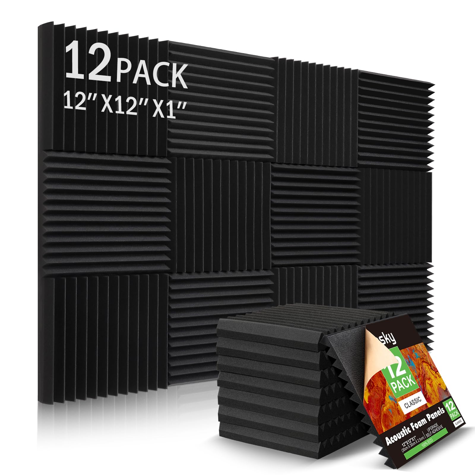 12 Pack Sound Proof Foam Panels Studio Acoustic Foam Panels,1'' X 12'' X 12''Soundproof Wall Panels With Self-Adhesive,Fire-Proo