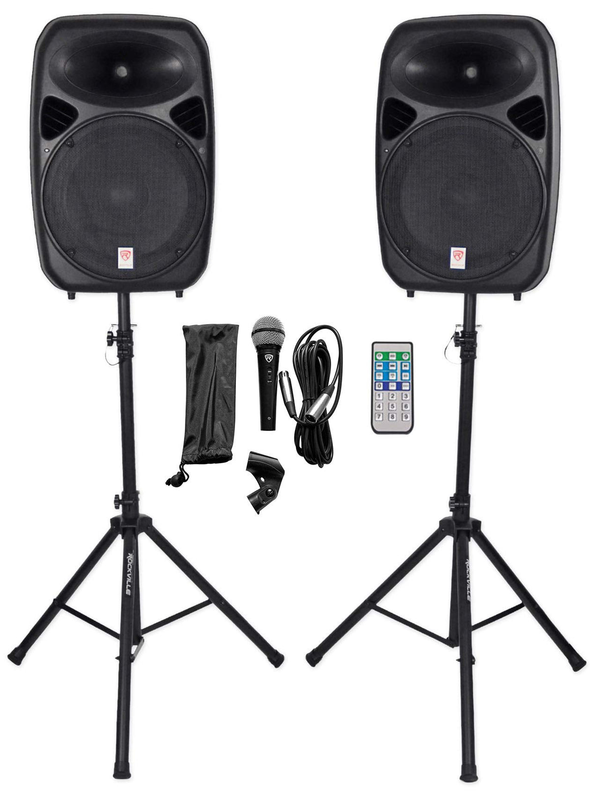 Rockville Rpg152K Dual 15'' Powered Speakers, Bluetooth+Mic+ Stands+Cables