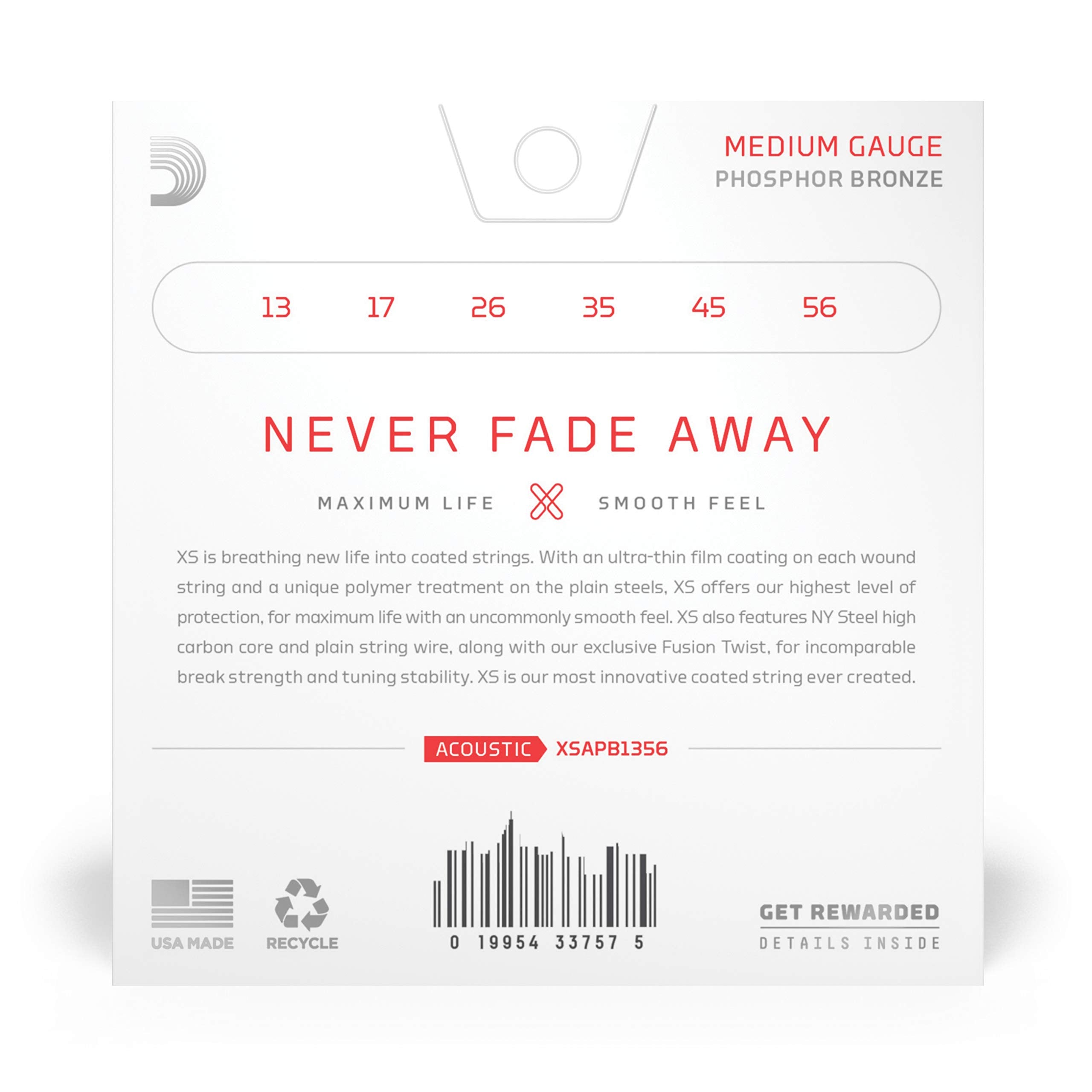 D'Addario Guitar Strings - XS Phosphor Bronze Coated Acoustic Guitar Strings - XSAPB1356 - Maximum Life with Smooth Feel & Excep