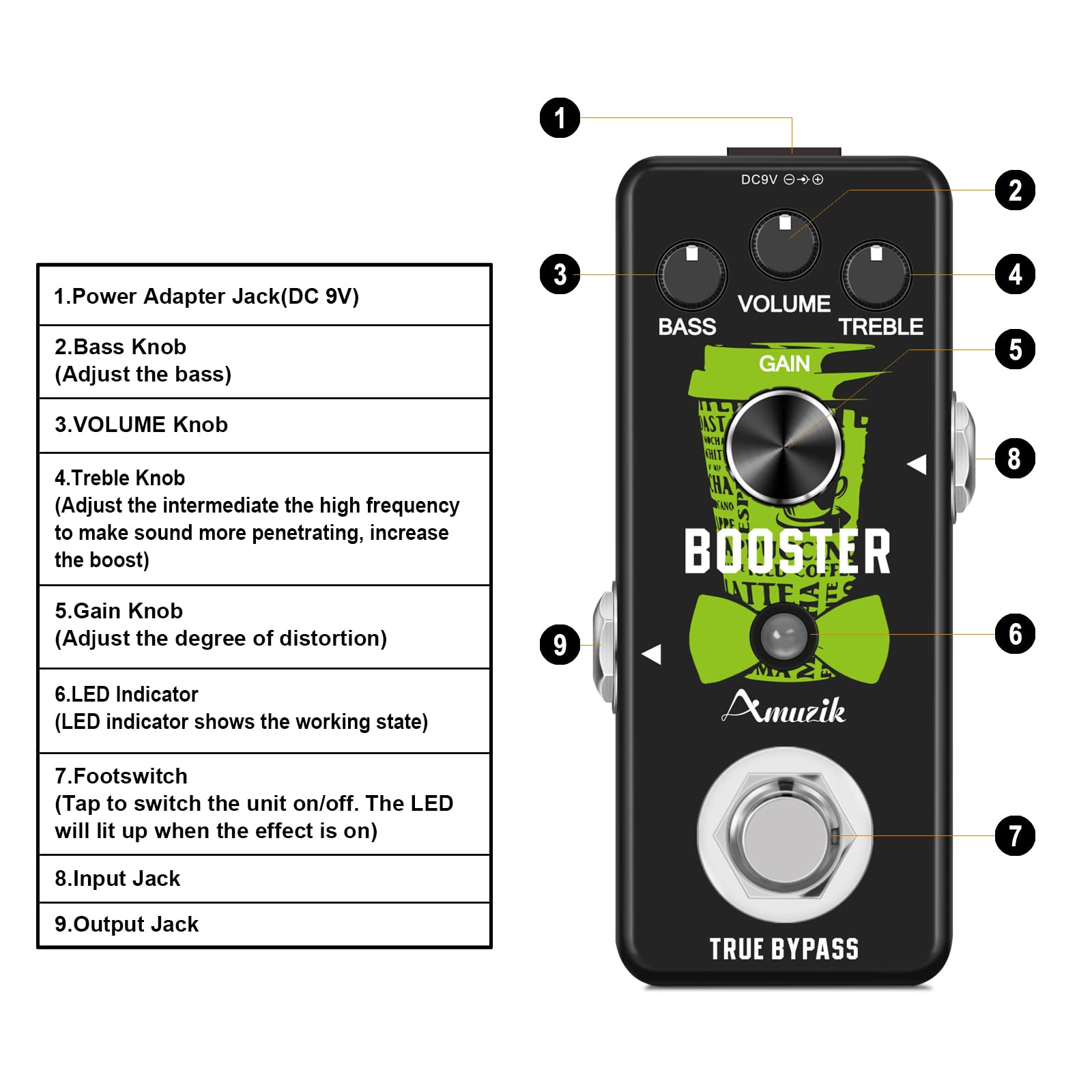Amuzik Guitar Effect Pedal Booster Analog Guitar Boost Effects Pedals For Electric Guitar Classic Pure Signal Amplification Mini