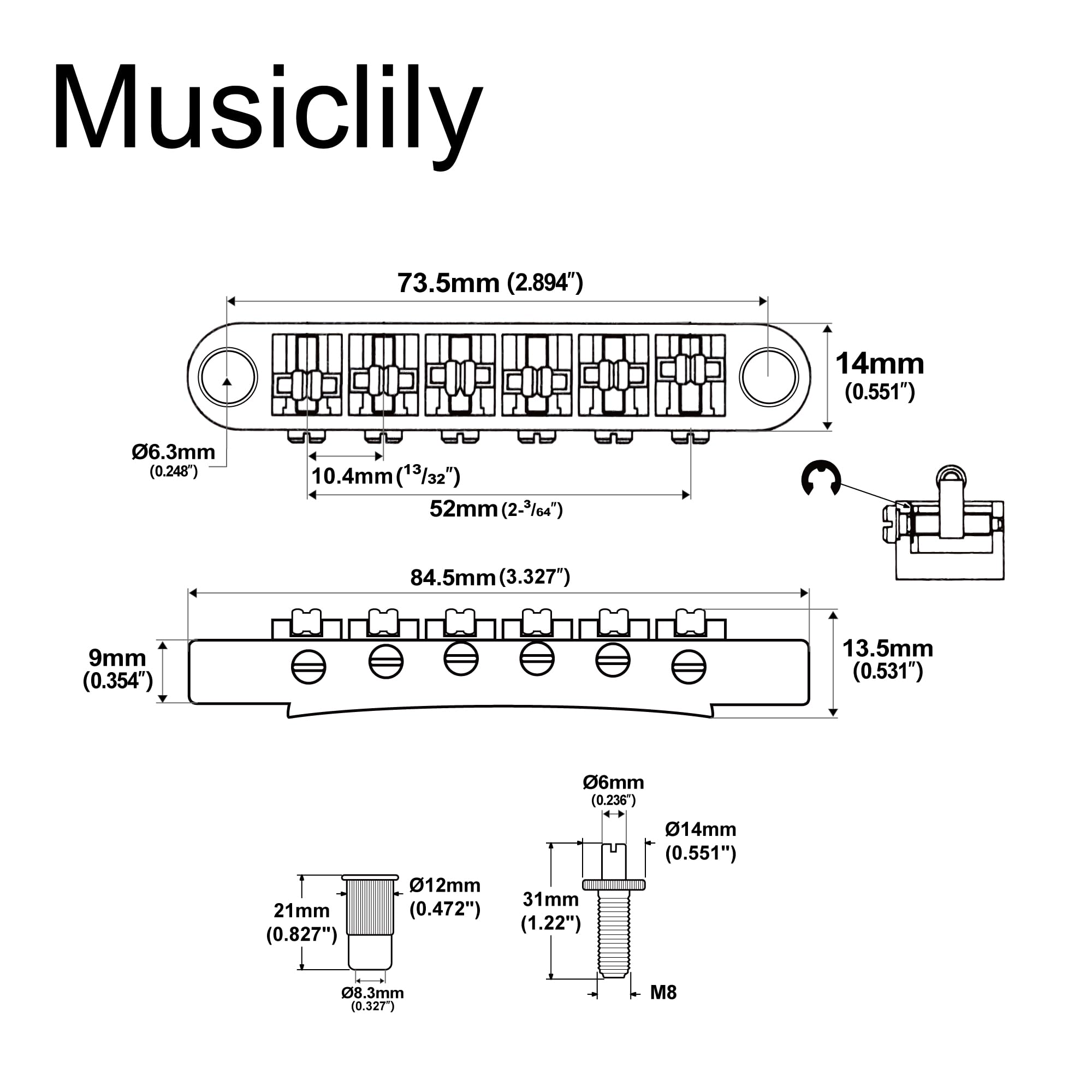 Musiclily Pro 52mm Guitar Roller Saddle Bridge Tune-O-Matic Bridge with M8 Post for Les Paul LP SG Electric Guitar, Black
