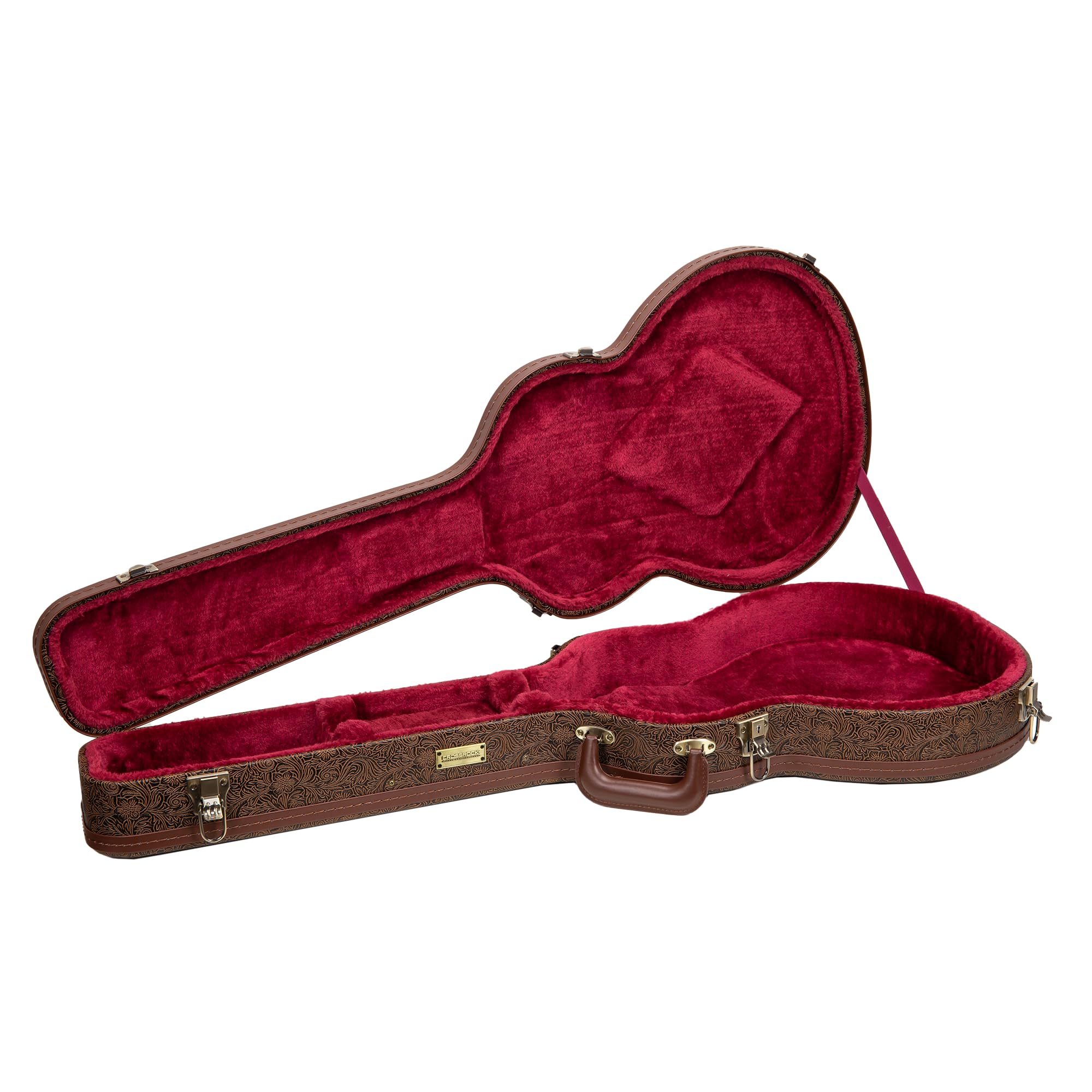 Crossrock Wooden Electric Guitar Case for 335 Style Semi-Hollow | Blossom Brown Faux Leather, Burgundy Velvet Interior, Lock - D