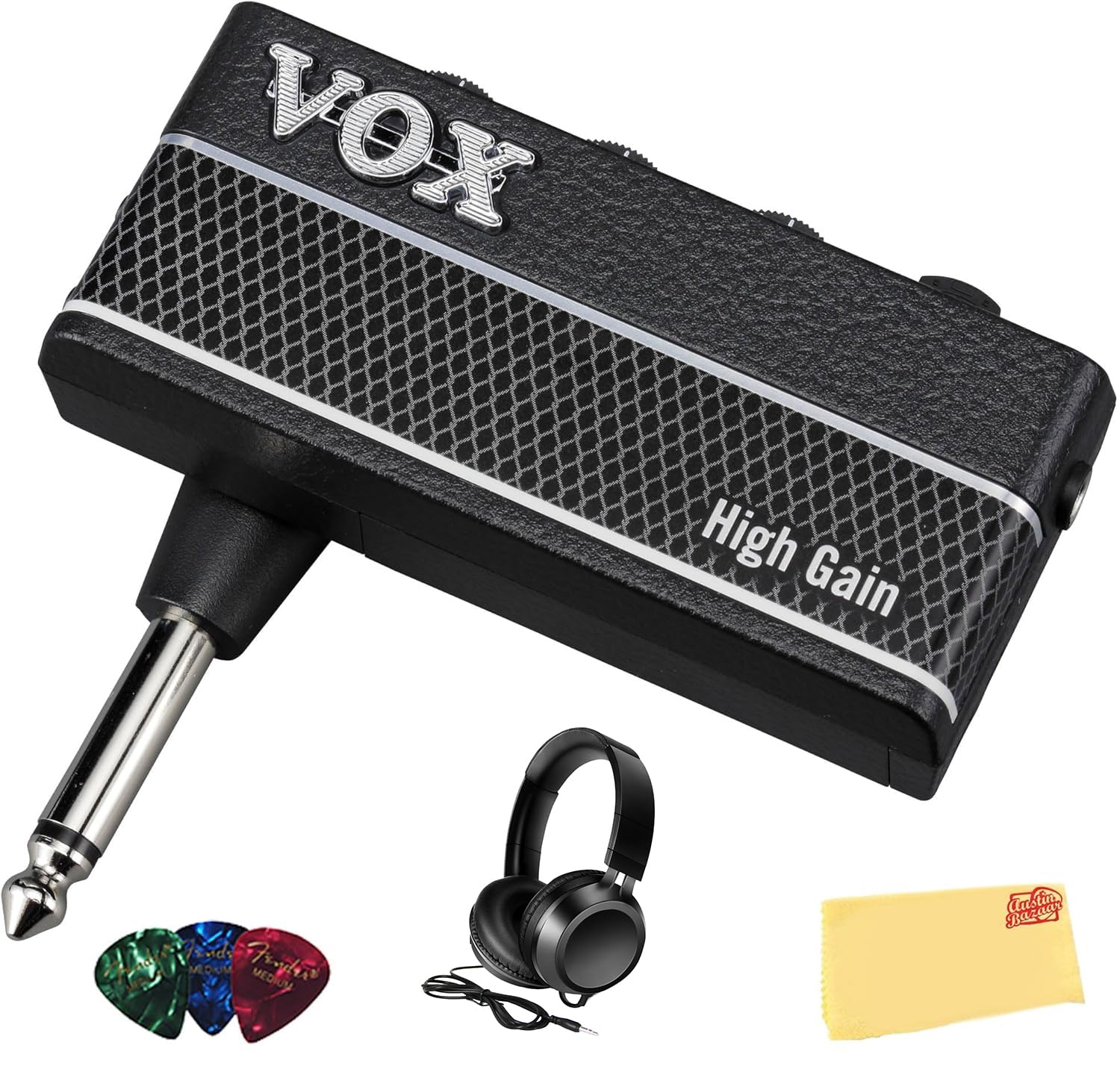 Vox AmPlug 3 Headphone Guitar Amplifier - High Gain Bundle with Headphones, Guitar Picks, and Austin Bazaar Polishing Cloth