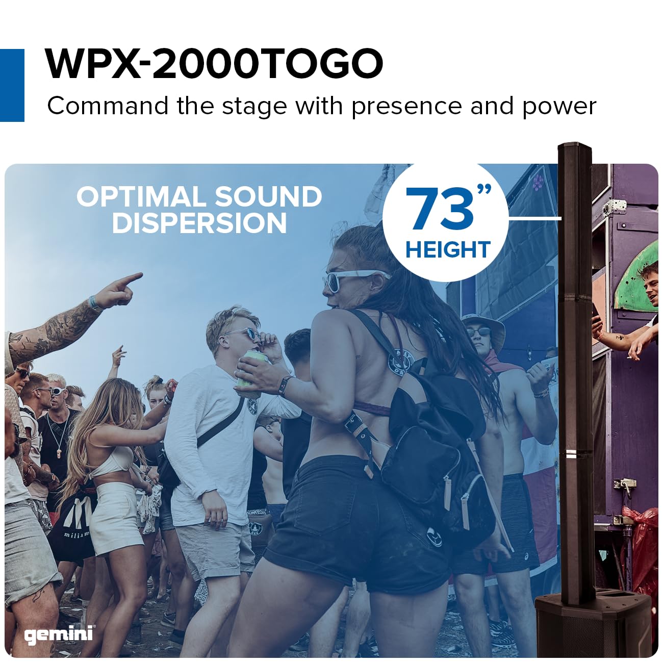 Gemini Sound WPX-2000TOGO Active Battery-Powered Column Line Array Speaker System - 1000W Peak Power, 8-Hour Playtime, Bluetooth