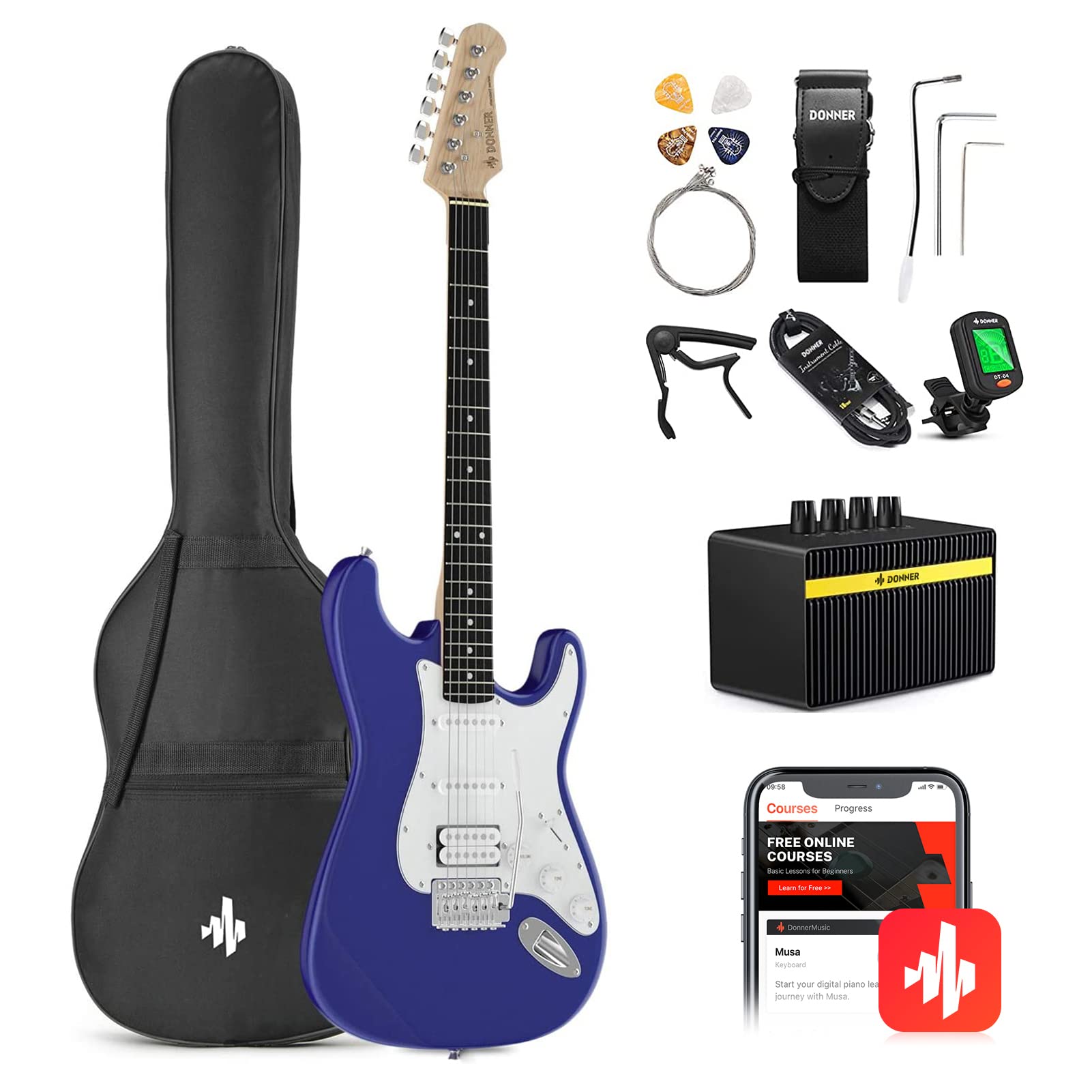 Donner Dst-100L 39 Inch Electric Guitar Beginner Kit Full Size Solid Body Purple Sapphire Blue Hss Pick Up Starter Package With