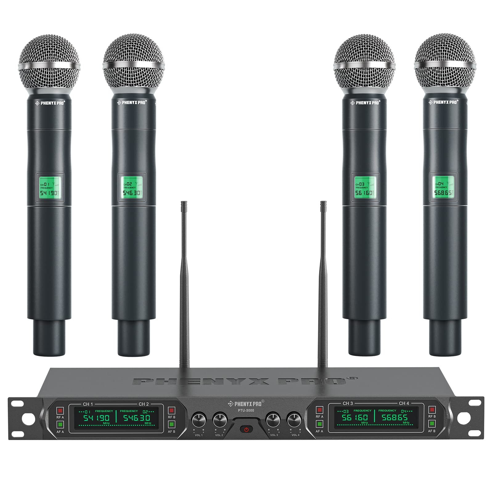 Phenyx Pro Wireless Microphone System, 4-Channel Uhf Wireless Mic, Fixed Frequency Metal Cordless Mic With 4 Handheld Dynamic Mi