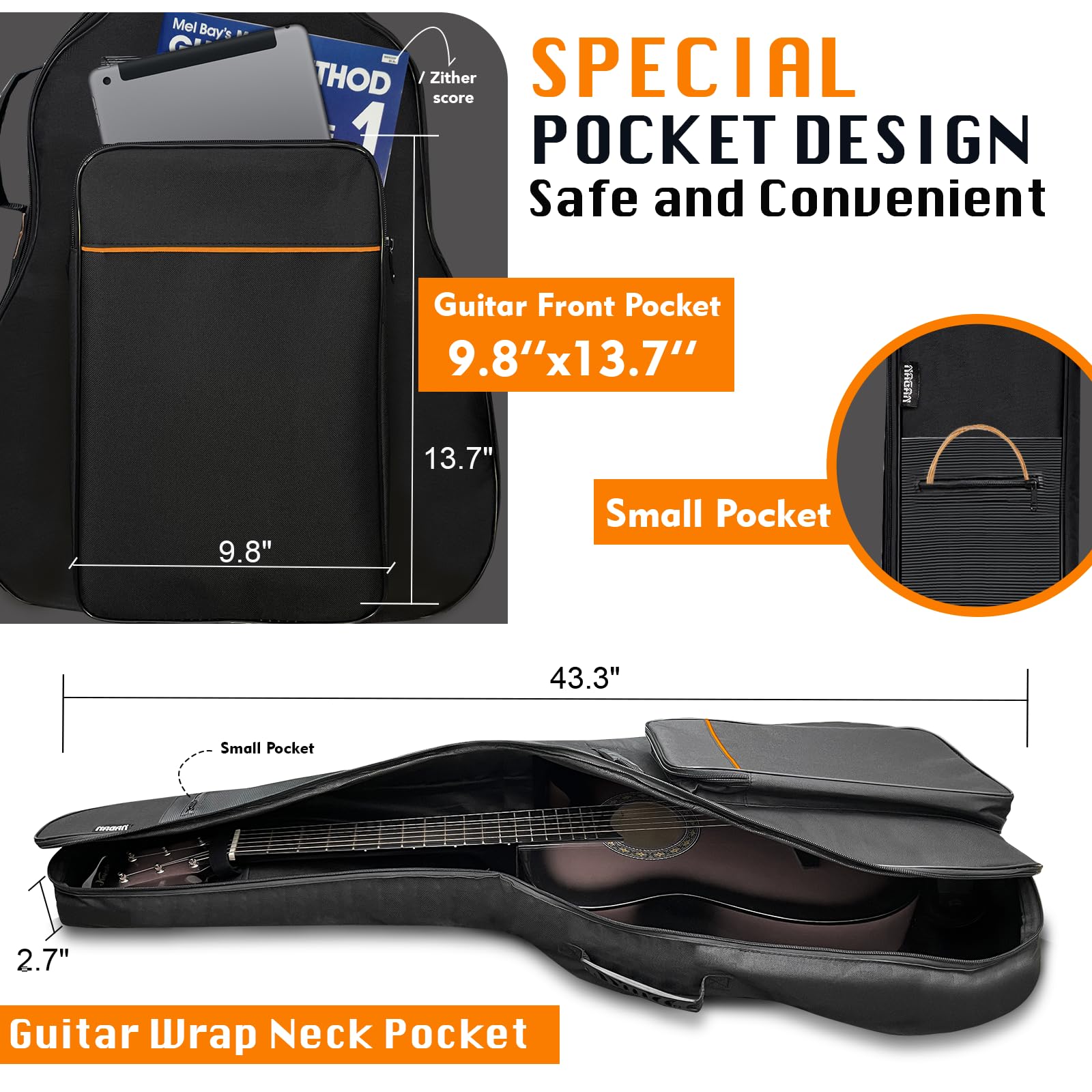 NAGAN Acoustic Guitar Bag 0.5-inch Extra Thick Padding, 40 41 42 inch Gig Guitar Bag, Waterproof Oxford Guitar Case Backpack wit