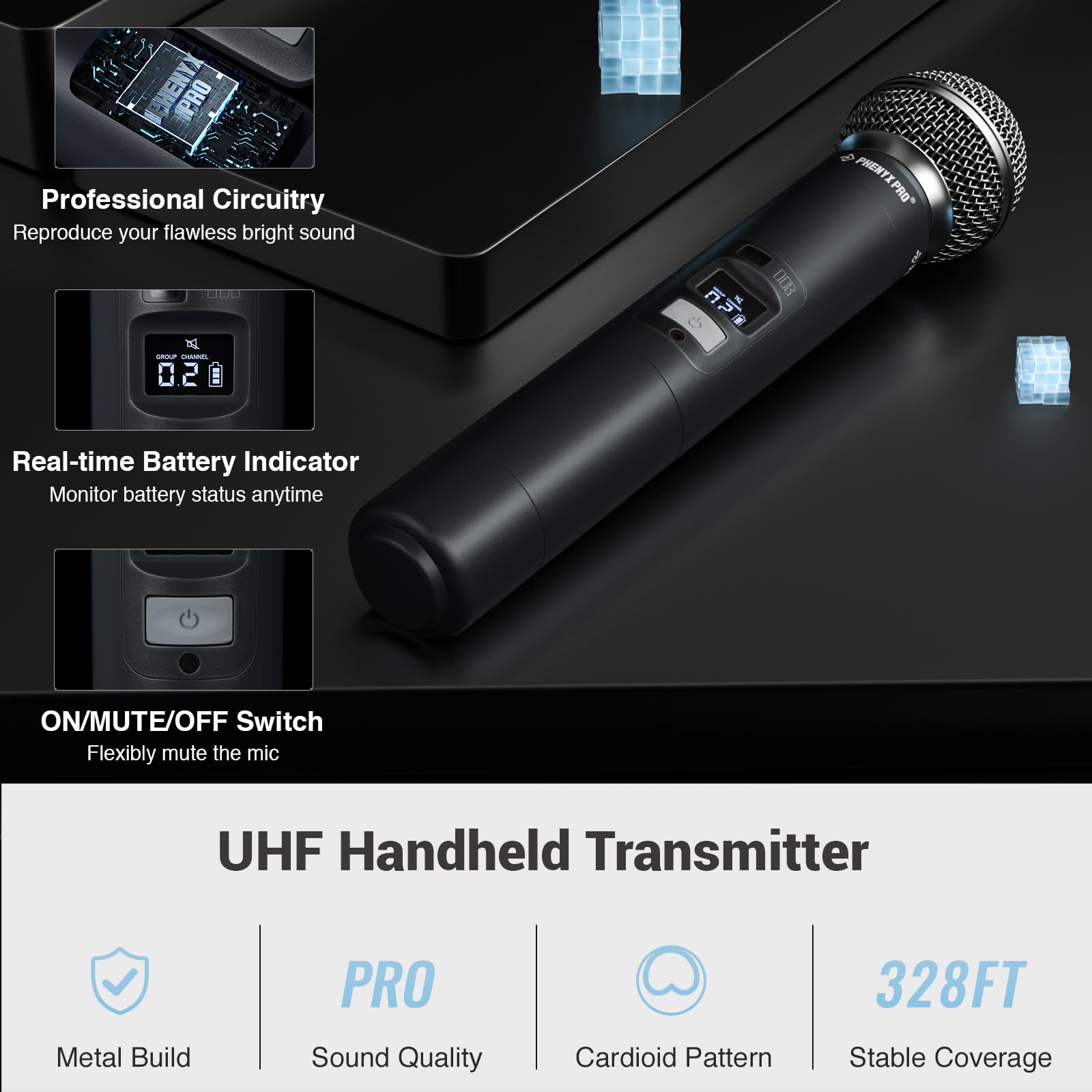 Phenyx Pro 4-Channel Wireless Microphone System w/Auto Scan, 4x40 UHF Frequencies, 2 Handheld Dynamic Mics, 2 Bodypacks & Headse