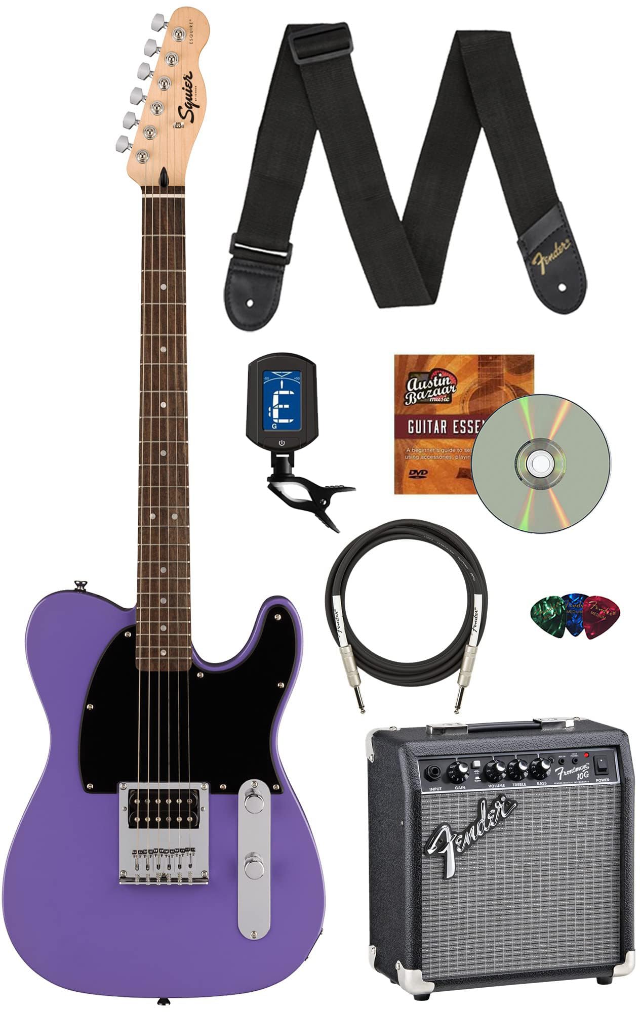Fender Squier Sonic Esquire, Laurel Fingerboard, H Electric Guitar Bundle With Frontman 10G Amplifier, Guitar Cable, Fender Tune