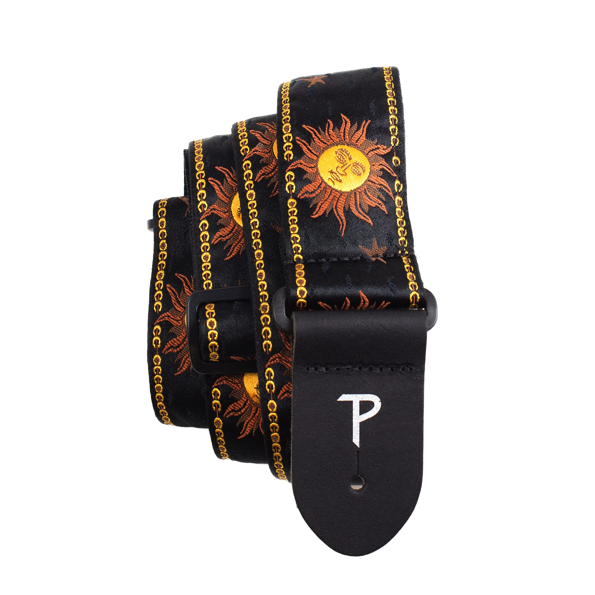 Perris Leathers Jacquard Guitar Straps, 39 to 58, Yellow Suns On Black, Adjustable Length, Leather Ends, Non-Slip & Durable, Ele