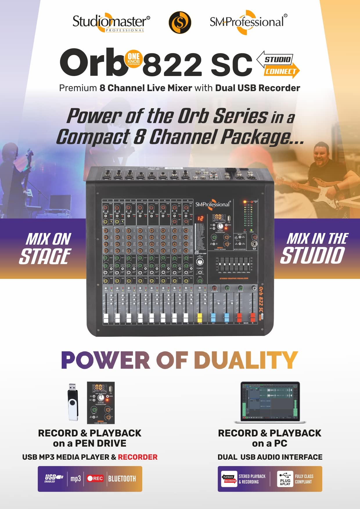 Studiomaster Orb-822 Sc 8 Channel Usb Live Audio Digital Recording Console With One Knob Compression And Recording Option, Black