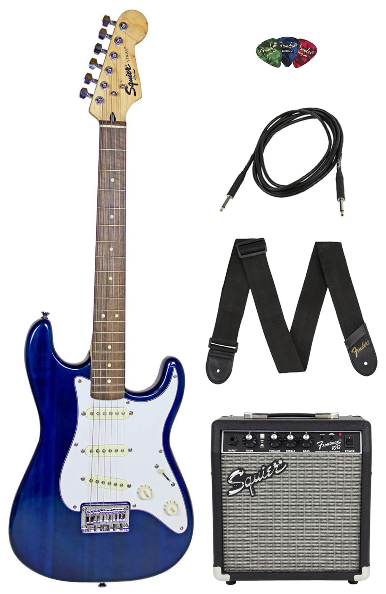 Fender Squier 24-Inch Short Scale Strat Pack - Transparent Blue Bundle with Frontman 10G Amplifier, Instrument Cable, Strap, Pic
