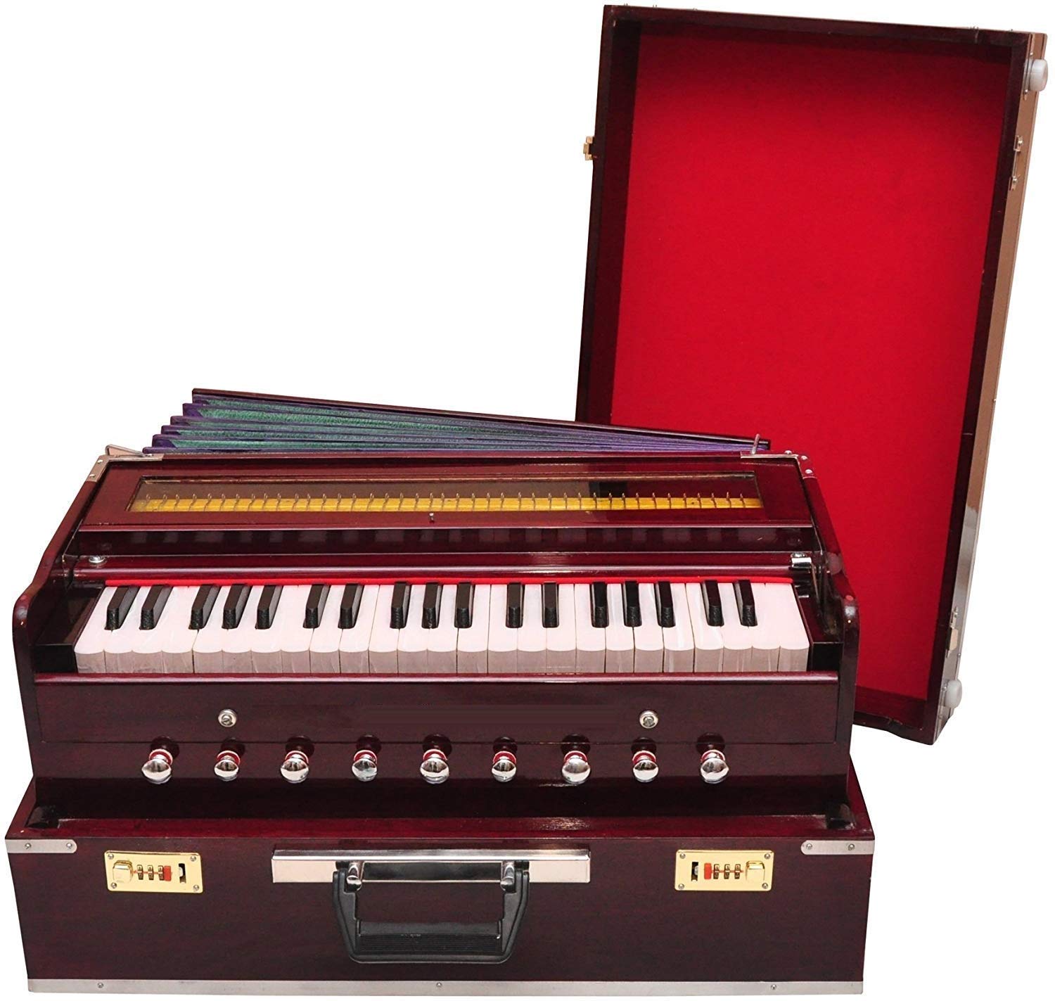 Jyotaksh Store Best Harmonium 9 Stopper, Chudidaar Bellow, 42 Key, Two Reed(Bass-Male),3 1/2 Octave,Coupler, Harmonium With Cove