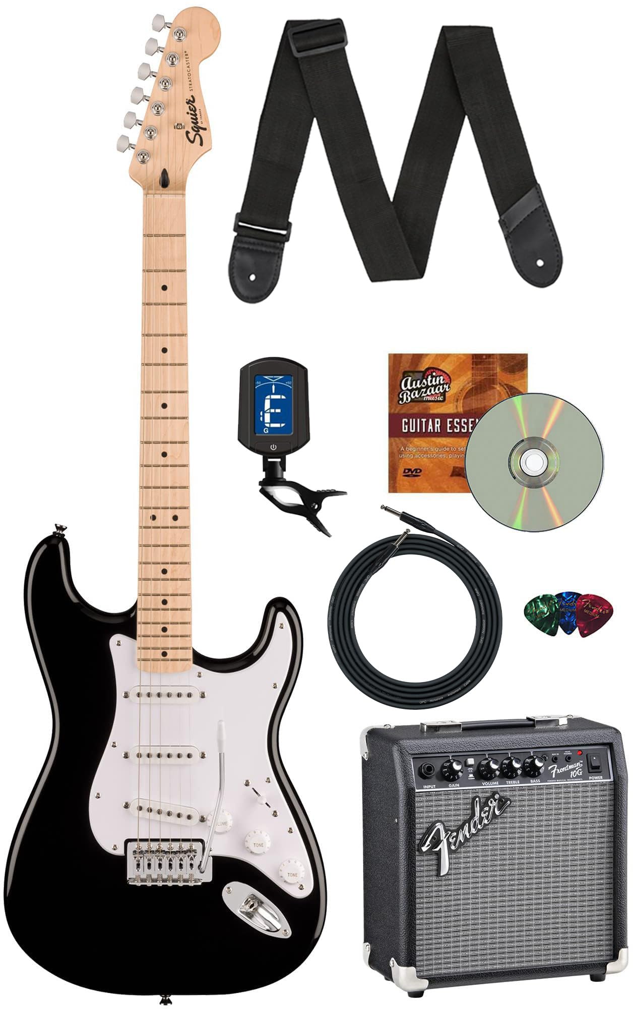 Fender Squier Sonic Stratocaster - Black Bundle With Amp, Cable, Tuner, Strap, Picks, And Austin Bazaar Guitar Dvd