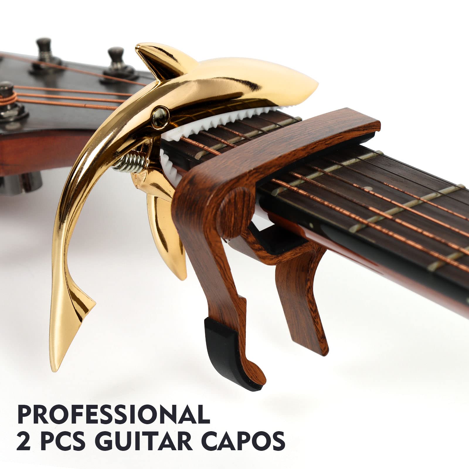 BigDeer Guitar Capo for Acoustic and Electric Guitars - One Rosewood Plus One Alloy Shark Capo (Gold) for both acoustic and elec