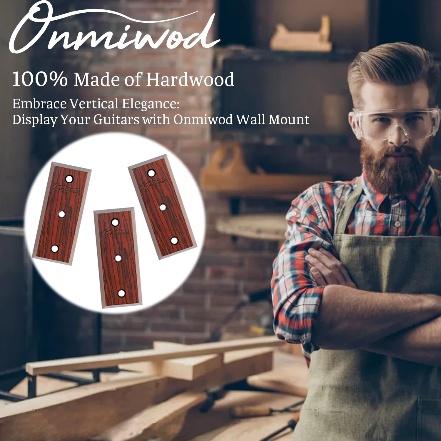 Onmiwod Guitar Wall Mount 3 Pack, Carbonized Red Wood Guitar Hanger, U-Shaped Guitar Wall Hanger Mount, Guitar Holder Wall Hook