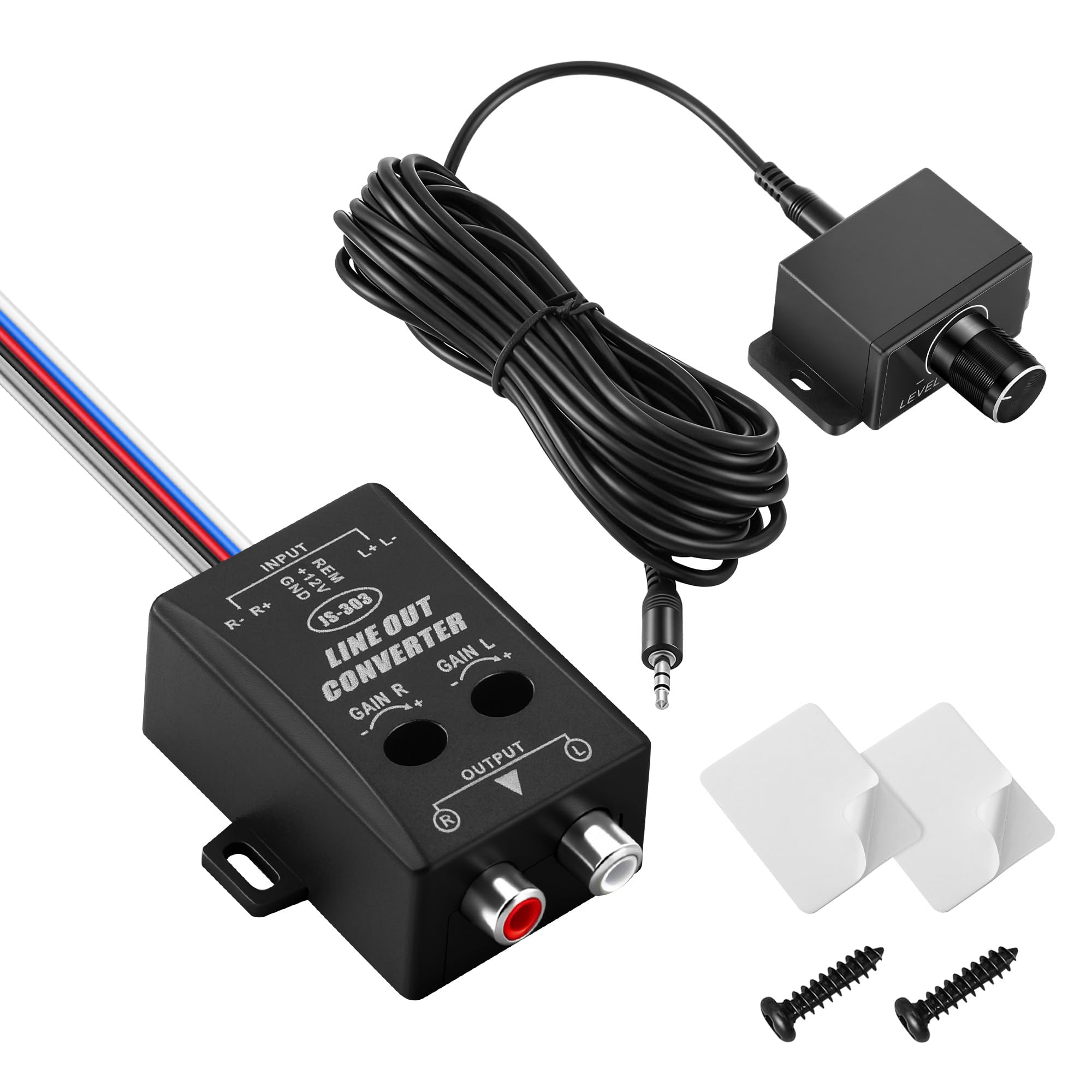 Gulfmew Car Audio Line Output Converter, Includes 3.5mm Jack Port Universal Bass Knob & 2 Channel High to Low Audio Signal Adapt
