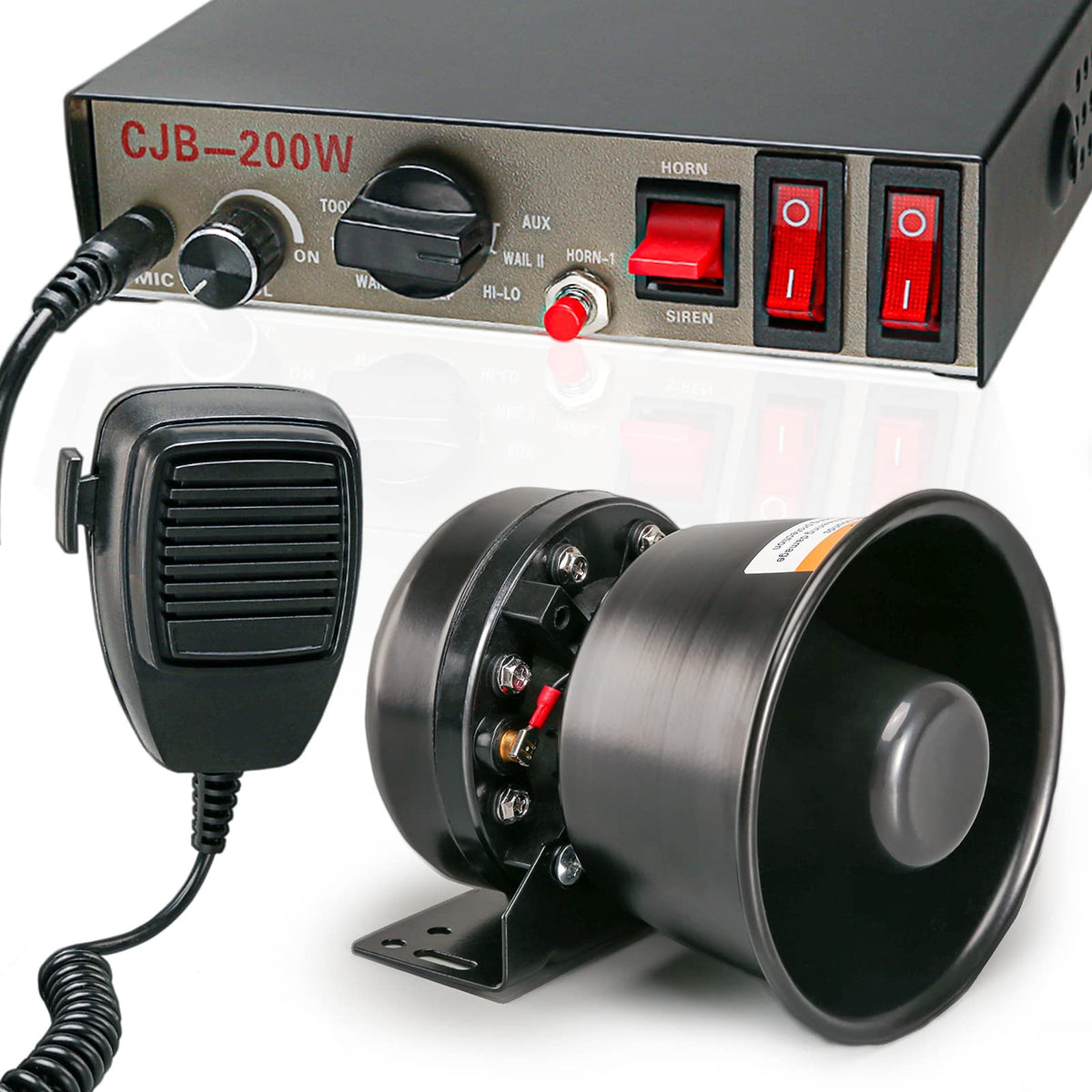 Booyu 12V 200W 9 Tones Police Warning Emergency Siren Pa System [Black Steel Speaker][125-135Db][Handheld Microphone][Hands-Free