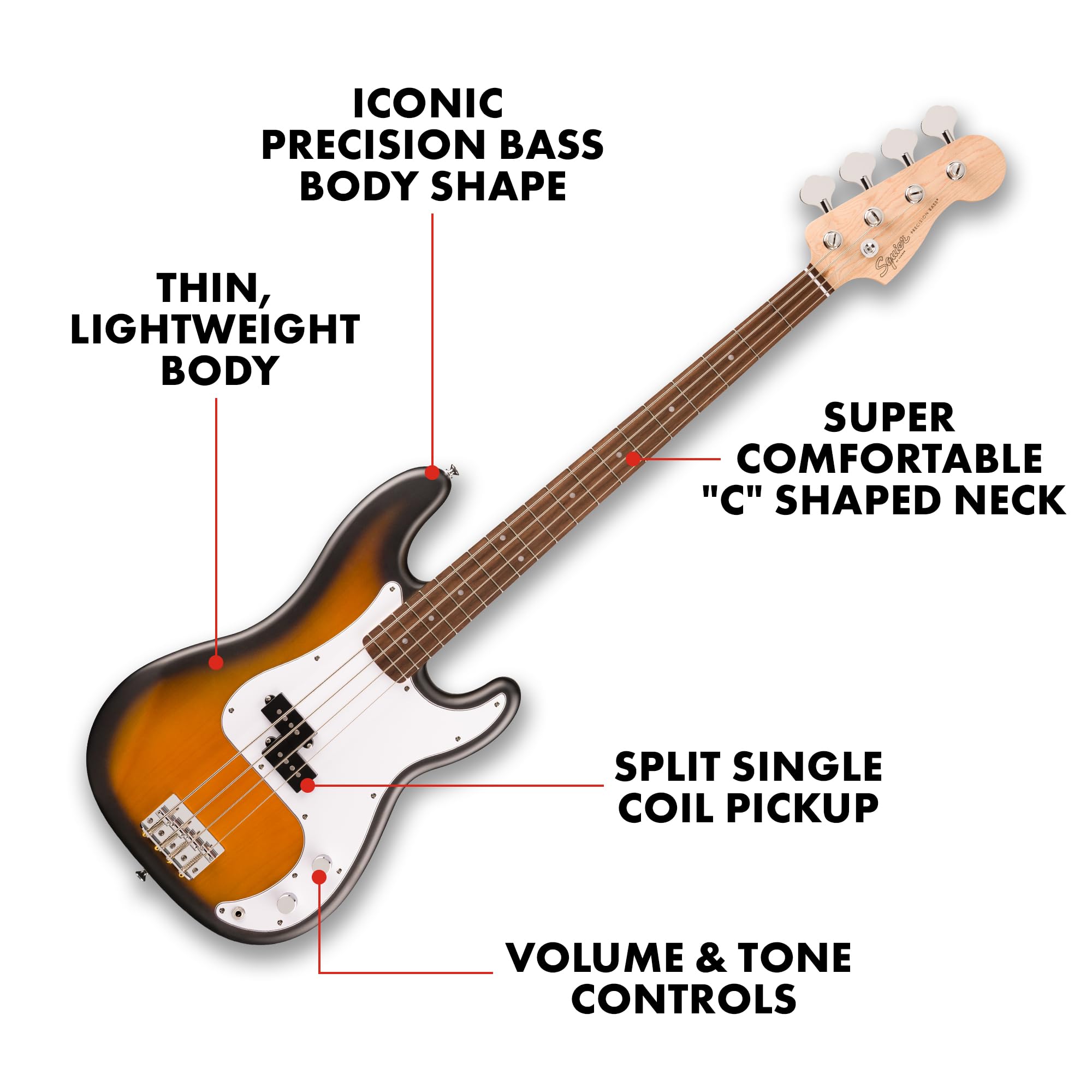 Fender Squier Debut Series Precision Bass Guitar, Beginner Guitar, with 2-Year Warranty, Includes Free Lessons, 2-Color Sunburst