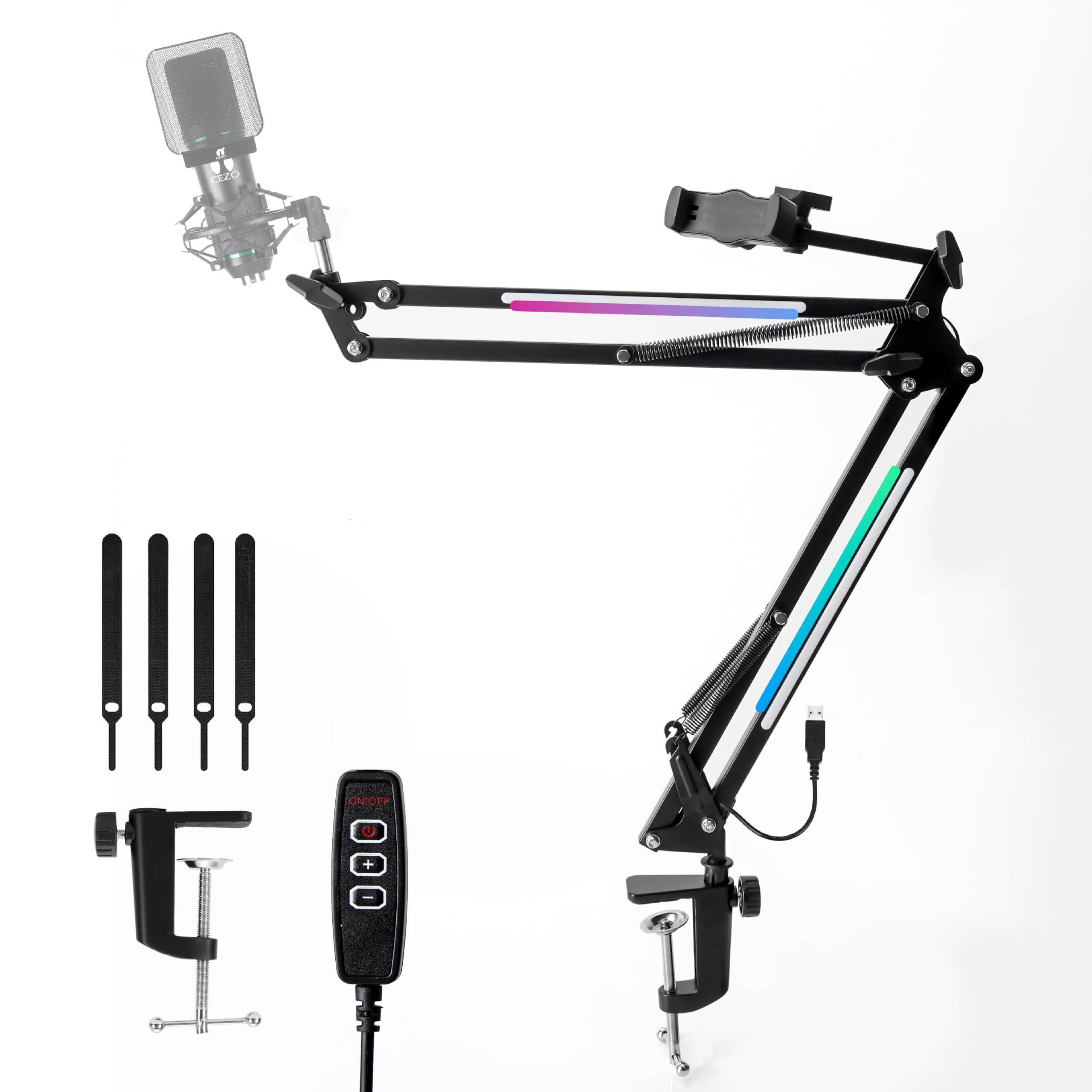 Cezo Rgb Overhead Boom Arm Stand For Microphone With Mobile Phone Holder And 7 Colour Modes |Suspension Boom Scissor Microphone 