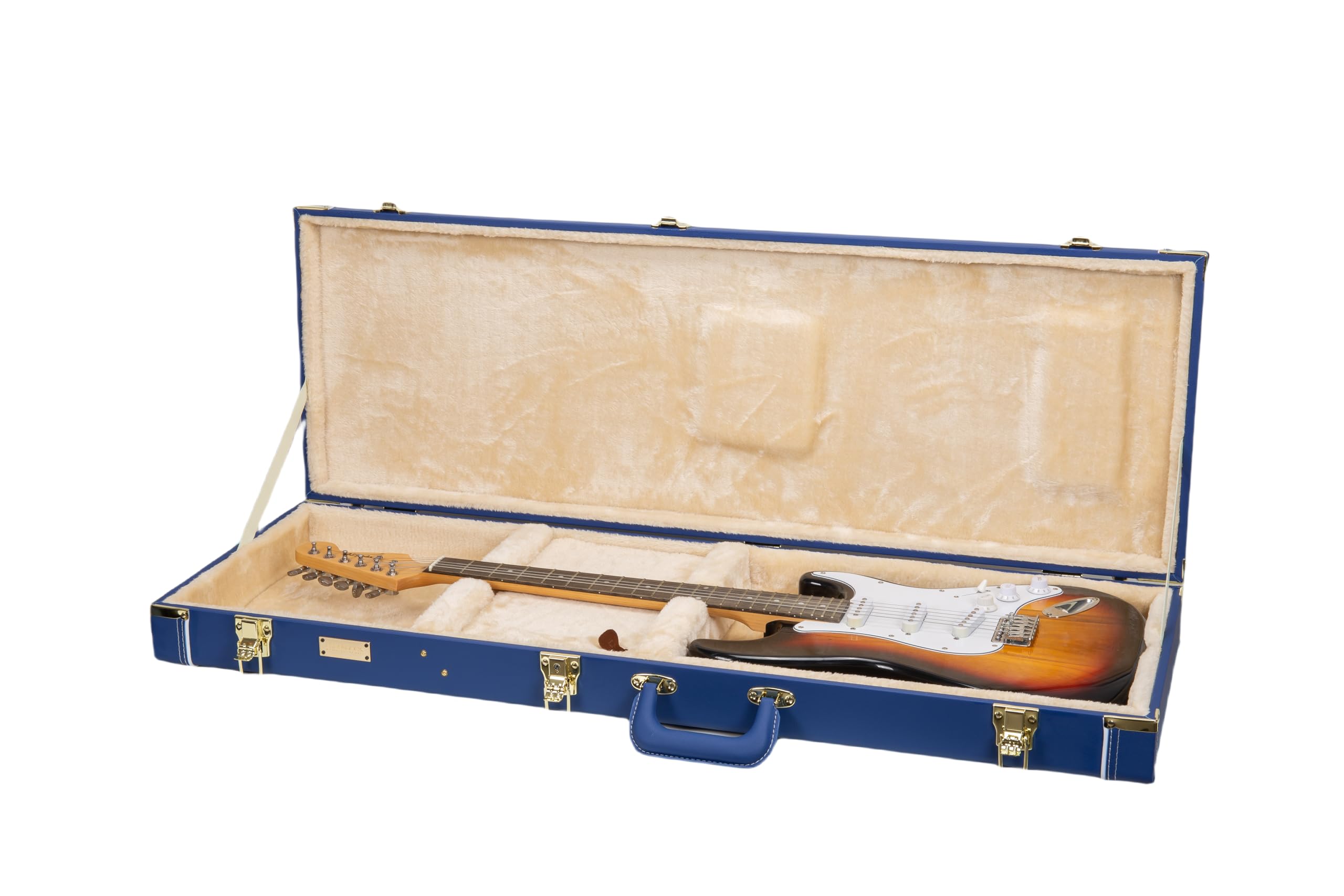 Crossrock Rectangular Wooden Electric Guitar Case For Fender Stratocaster & Telecaster | Vibrant Blue Faux Leather, Beige Plush