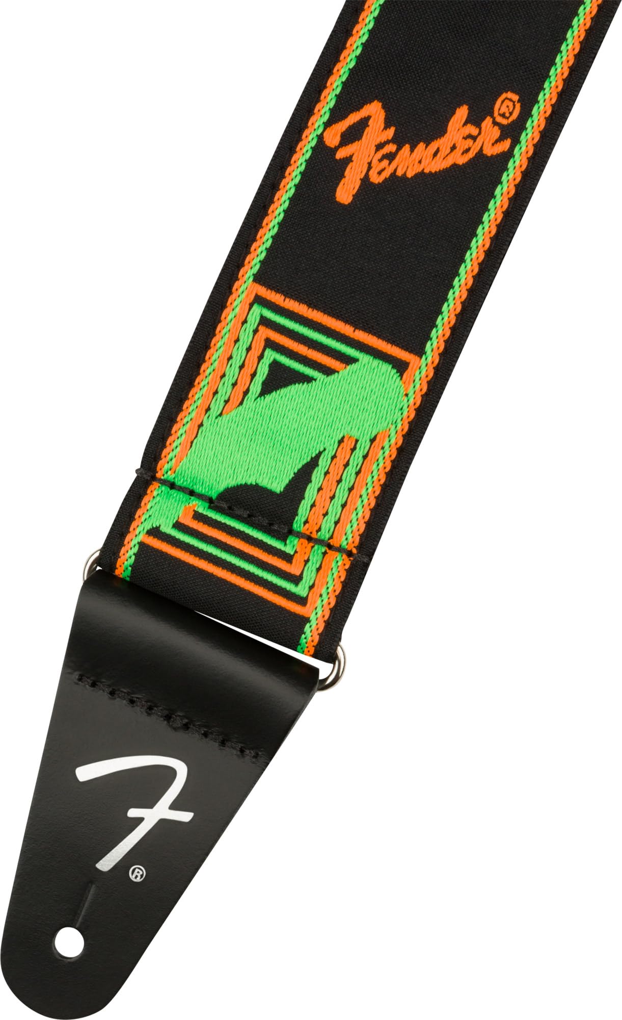 Fender Neon Monogrammed 2-Inch Guitar Strap - Green and Orange Bundle with Strap Blocks and Picks