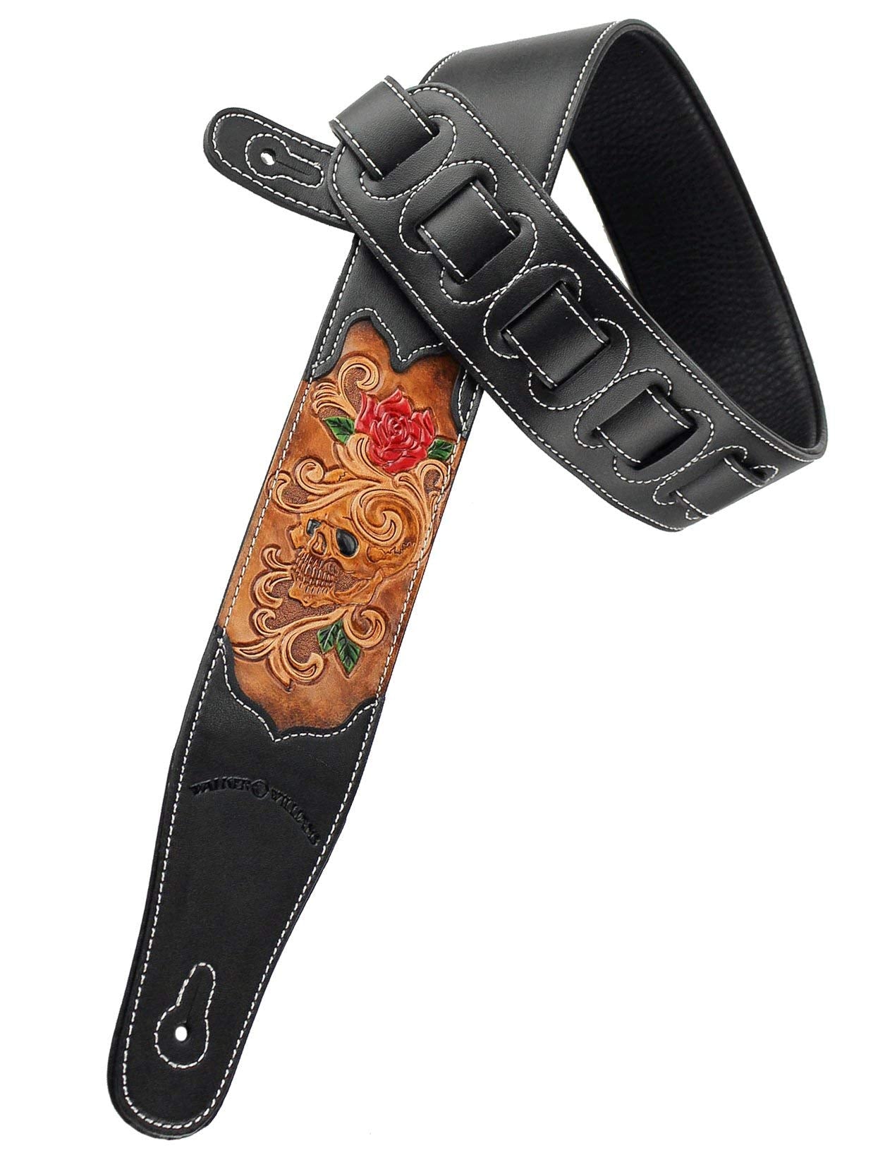 Walker & Williams CVG-12 Black Leather Guitar Strap With Hand Tooled Grateful Skull & Roses For Acoustic, Electric, And Bass Gui