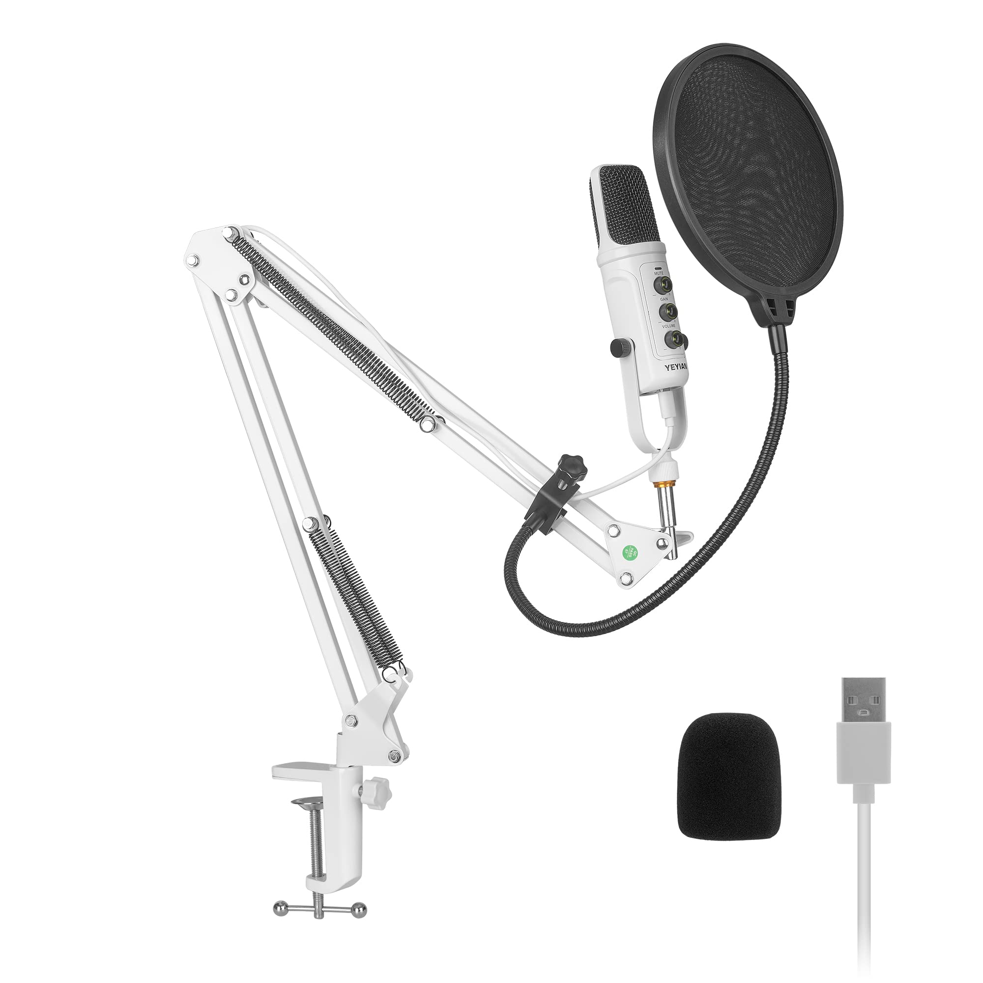 Yeyian Condenser Usb Microphone, 24Bit/192Khz Cardioid Metal Mic With Boom Arm Stand Shock Mount, Volume Control Computer Mic Fo
