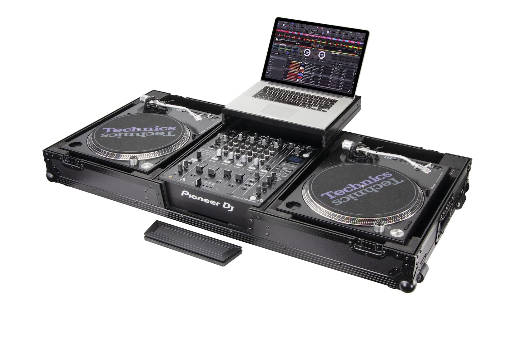 Black Low Profile 12 Format DJ Mixer and Two Battle Position Turntables Flight Coffin Case with Wheels and Glide Platform