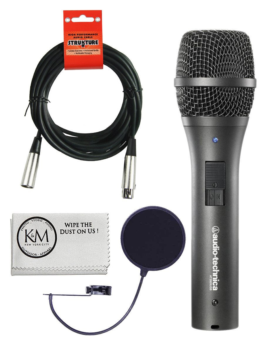 Audio-Technica AT2005USB Cardioid Dynamic USB/XLR Microphone Bundle with Pop Filter, XLR Cable, Polishing Cloth