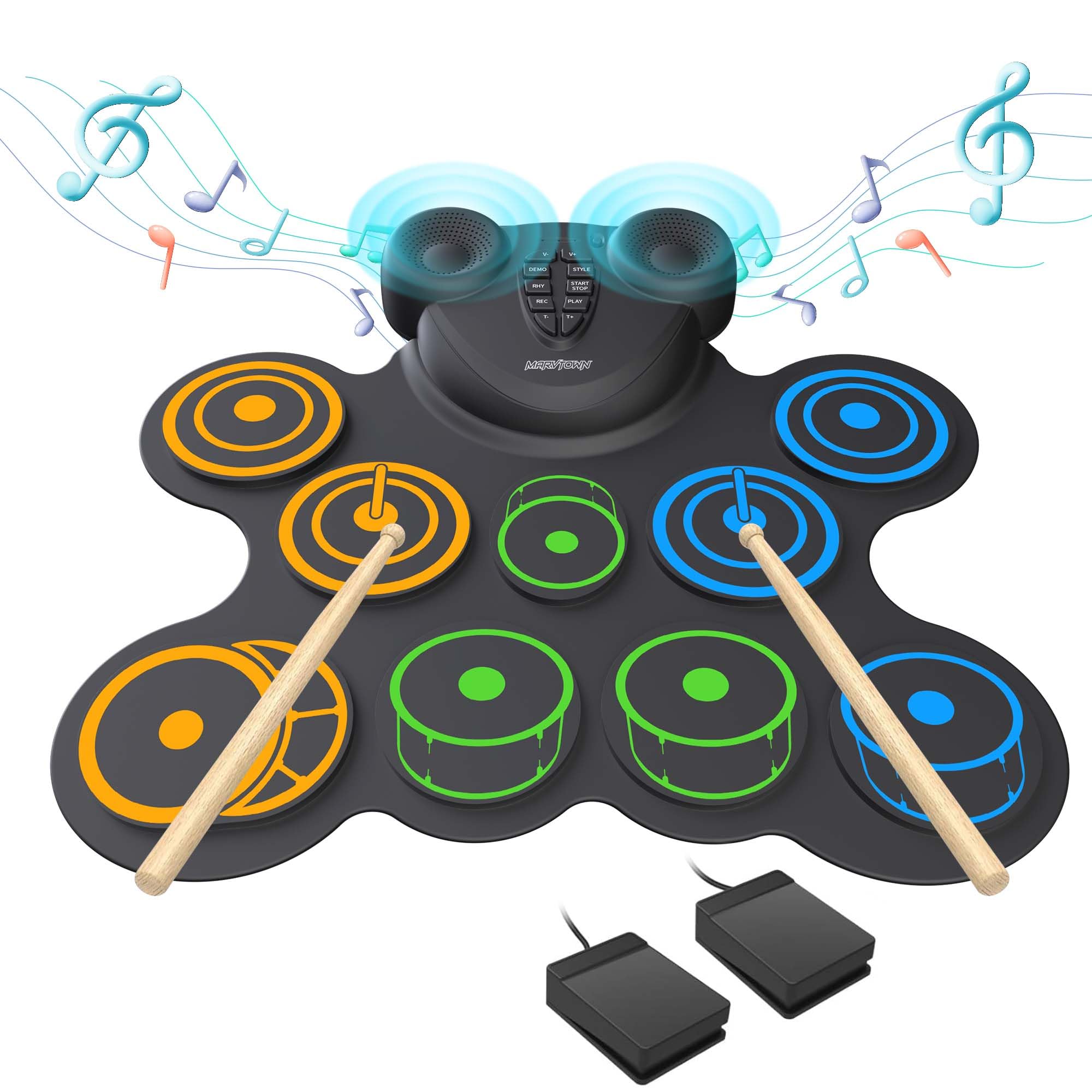 MARVTOWN 10 Pads Portable Electronic Drum Pad for Kids,Electric Drum Set with 0.5in Thickened Silicone,Built-in 2 Speakers,Recha