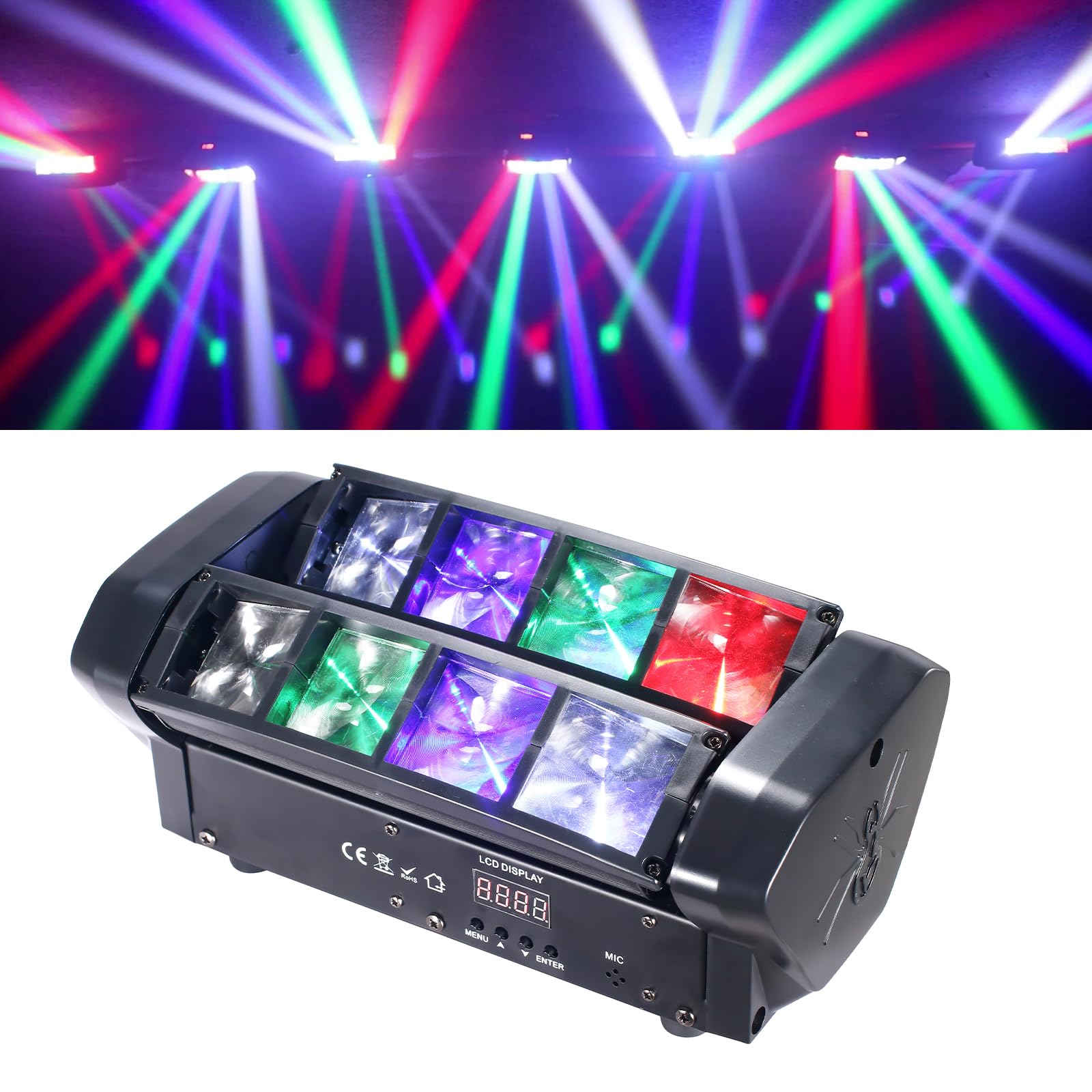 DJXFLI LED Mini Spider Moving Head Light 8x5W RGBW Sound Activated DMX-512 Control Stage Light