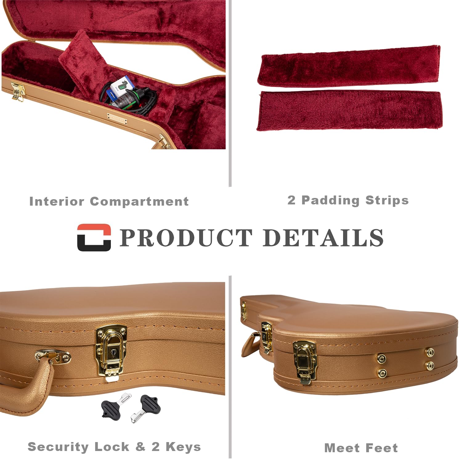 Crossrock Wooden Electric Guitar Case for Gibson SG | Luxury Gold Faux Leather, Burgundy Velvet Interior, Lock - Designer Series