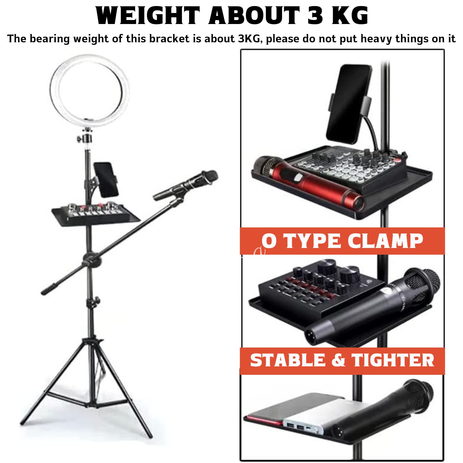 Universal Microphone Stand Tray with Phone Holder, Mic Stand Clamp-On Utility Shelf Rack Tray Holder for Music Sheet, Live Strea