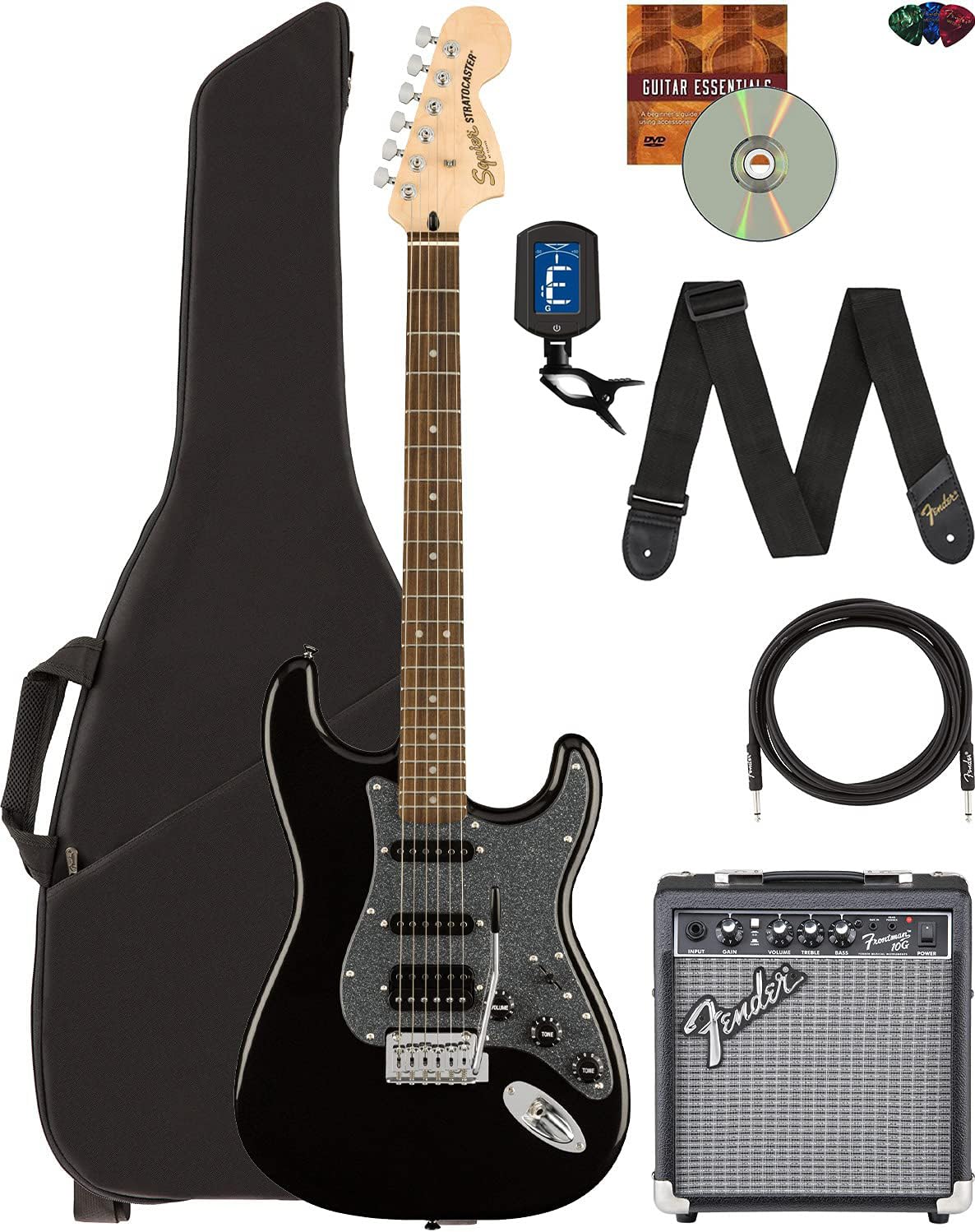 Fender Squier Affinity Stratocaster Hss - Metallic Black Bundle With Frontman 10G Amplifier, Gig Bag, Instrument Cable, Tuner, S