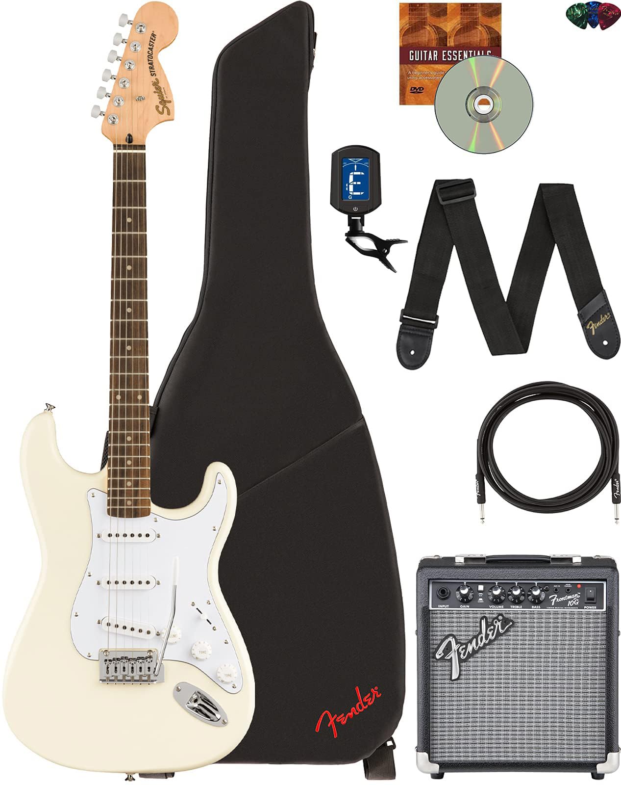 Fender Squier Affinity Stratocaster Limited Edition - Olympic White Bundle With Frontman 10G Amplifier, Gig Bag, Tuner, Instrume