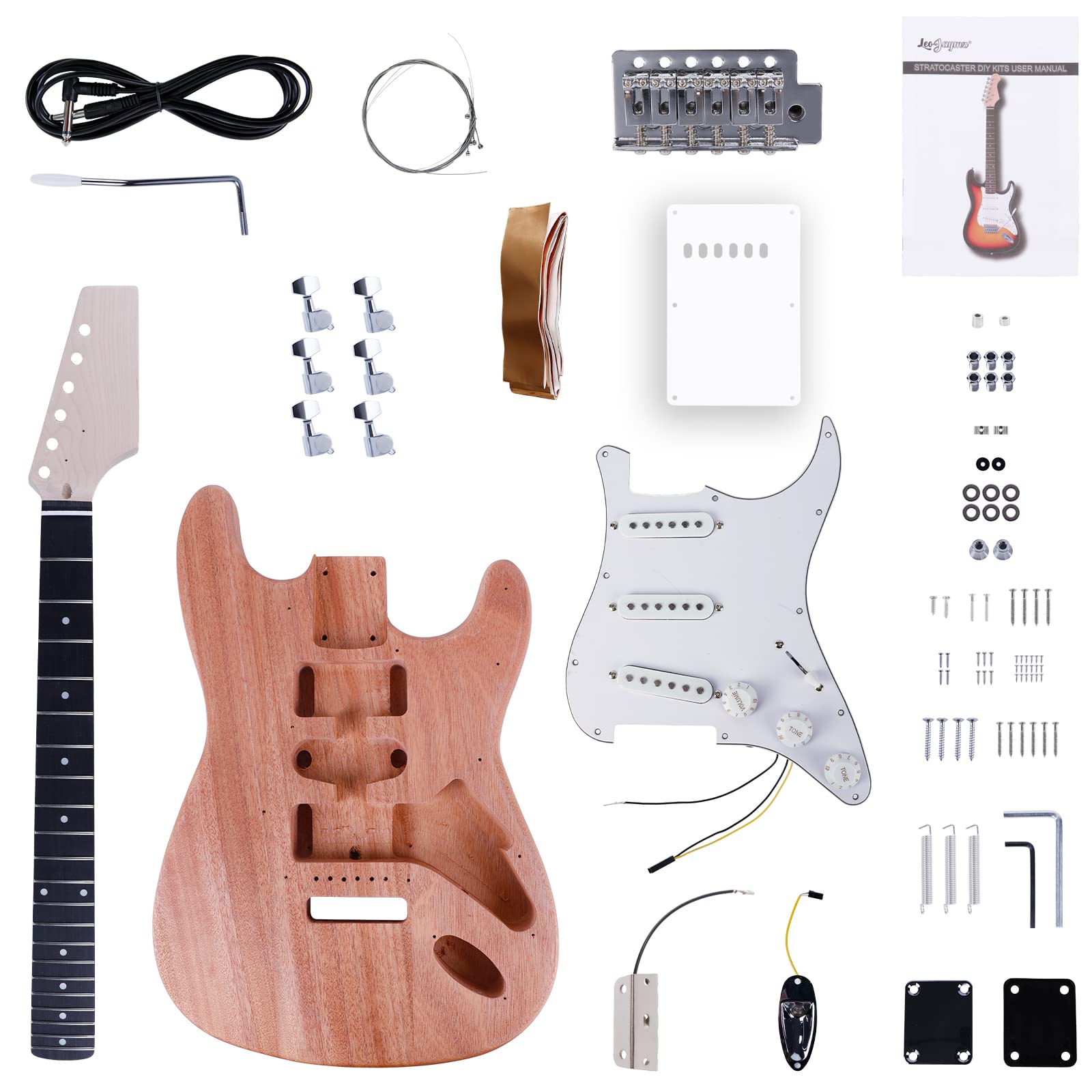 Leo Jaymz Diy St Style Electric Guitar Kits With Mahogany Body And Maple Neck - Ebony Fingerboard And All Components Included (S