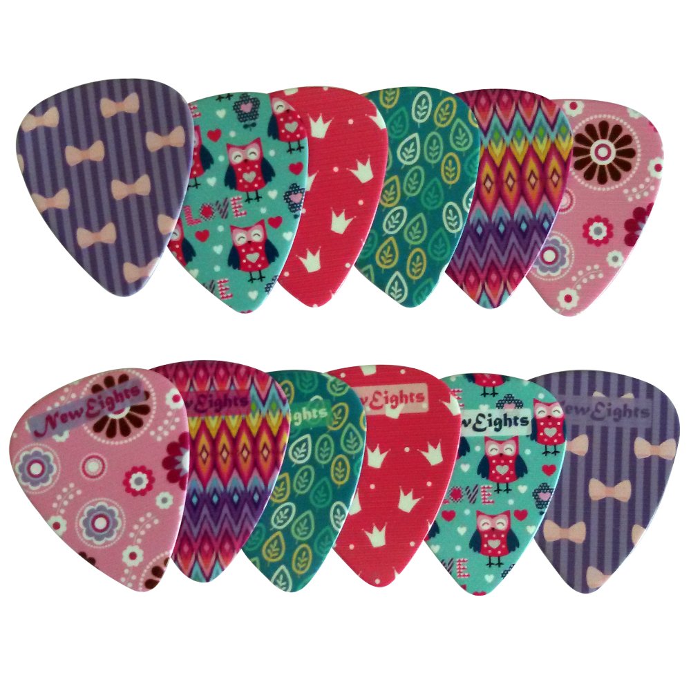 Girly Guitar Picks Set - Medium Celluloid 12-pack - Unique Colorful Designs - Best Gifts for Girls Kids Teens Daughter Granddaug
