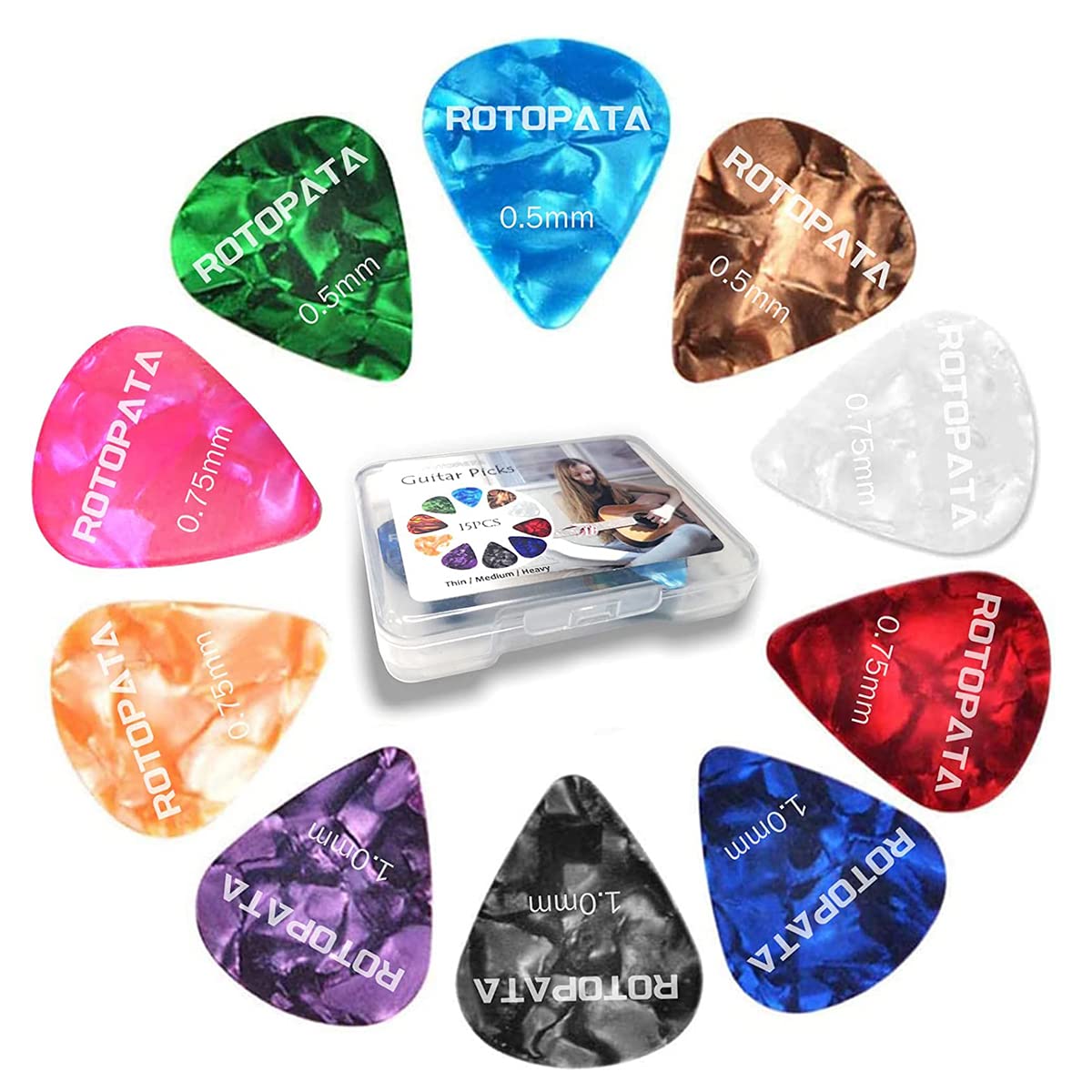 15 Pack Guitar Picks Plectrums With Organizer Storage Box, 0.5 0.75 1.0 Mm Includes Thin Medium Heavy Thickness & Variety Colorf